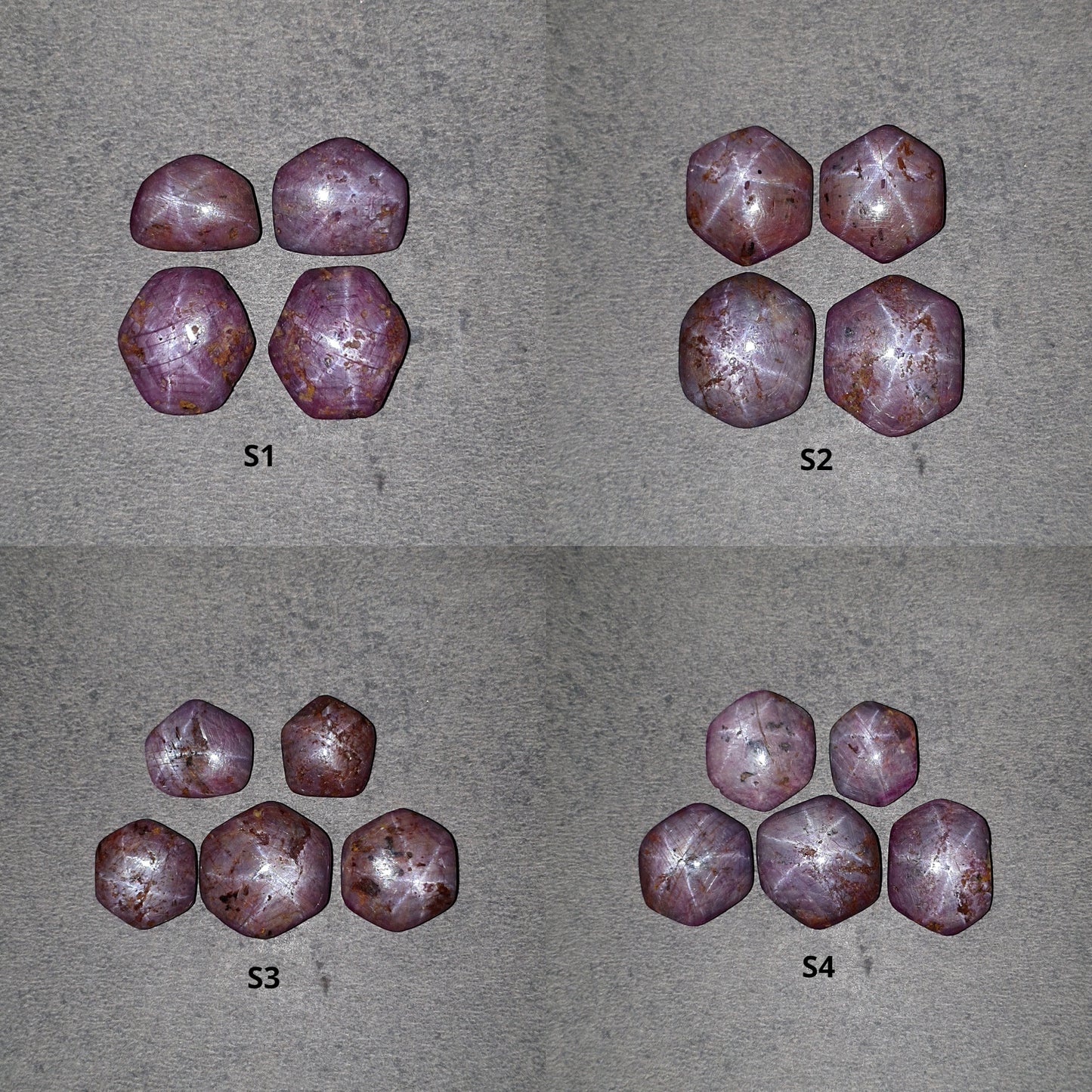 Johnson Star Ruby Gemstone Cabochon : 47cts - 84cts Natural Untreated Unheated Red 6Ray Star Ruby Hexagon Uneven Shapes 4pcs & 5pcs Sets