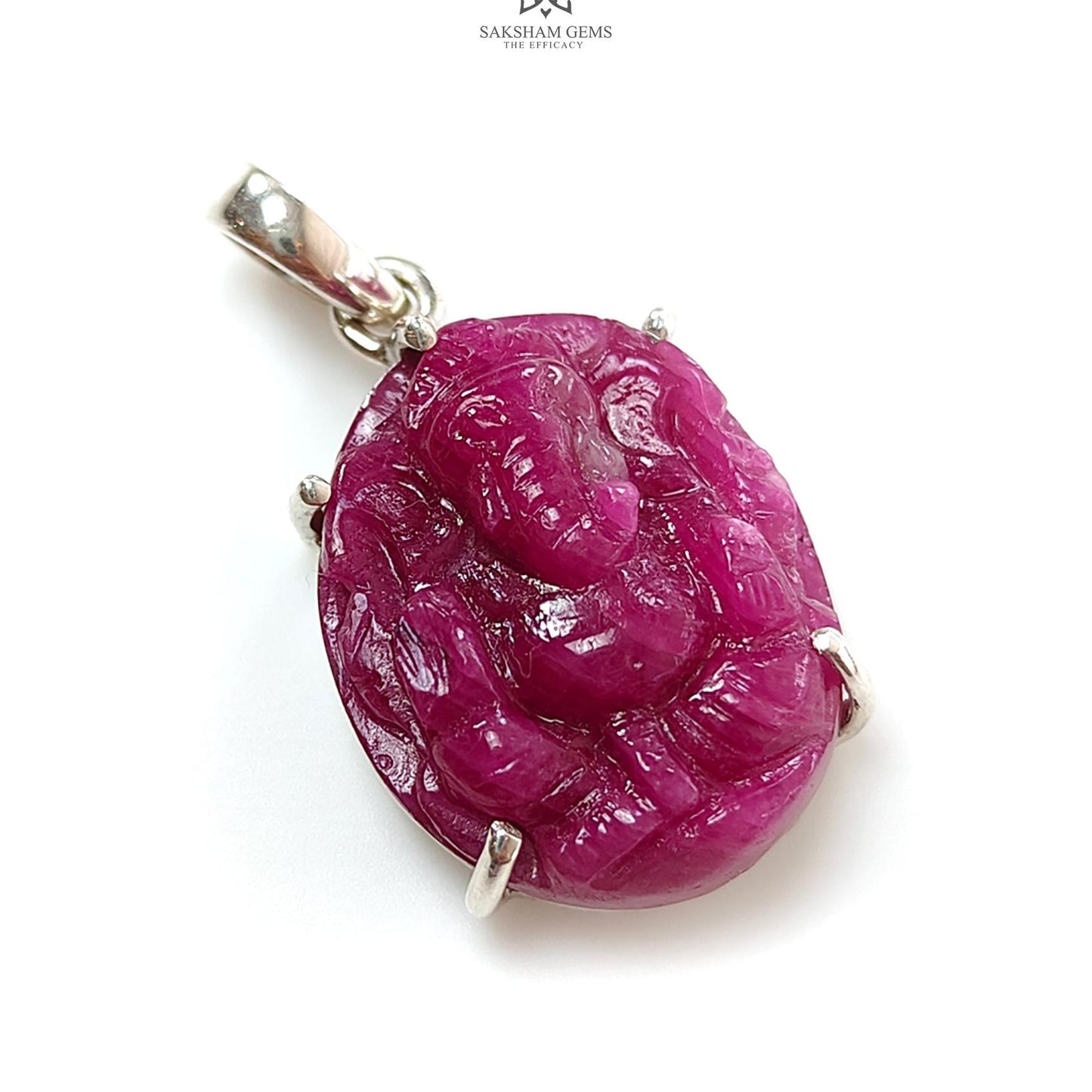 Ruby Ganesha Carving Silver Pendant: 5.97gms Natural Untreated Red Ruby Lord Ganesha Idol 925 Sterling Silver Prong Set Pendant 1.10"