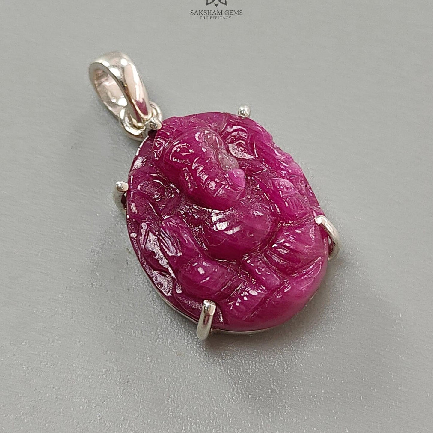 Ruby Ganesha Carving Silver Pendant: 5.97gms Natural Untreated Red Ruby Lord Ganesha Idol 925 Sterling Silver Prong Set Pendant 1.10"