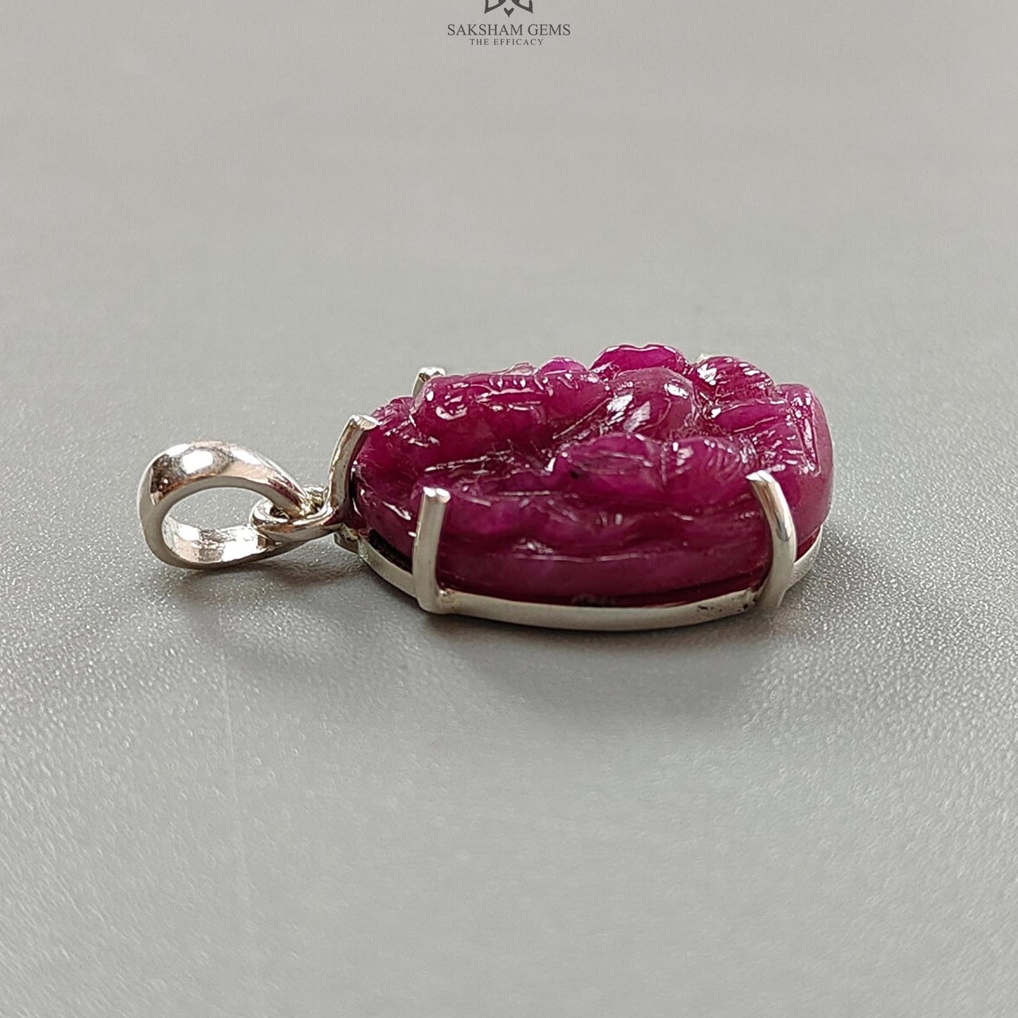 Ruby Ganesha Carving Silver Pendant: 5.97gms Natural Untreated Red Ruby Lord Ganesha Idol 925 Sterling Silver Prong Set Pendant 1.10"