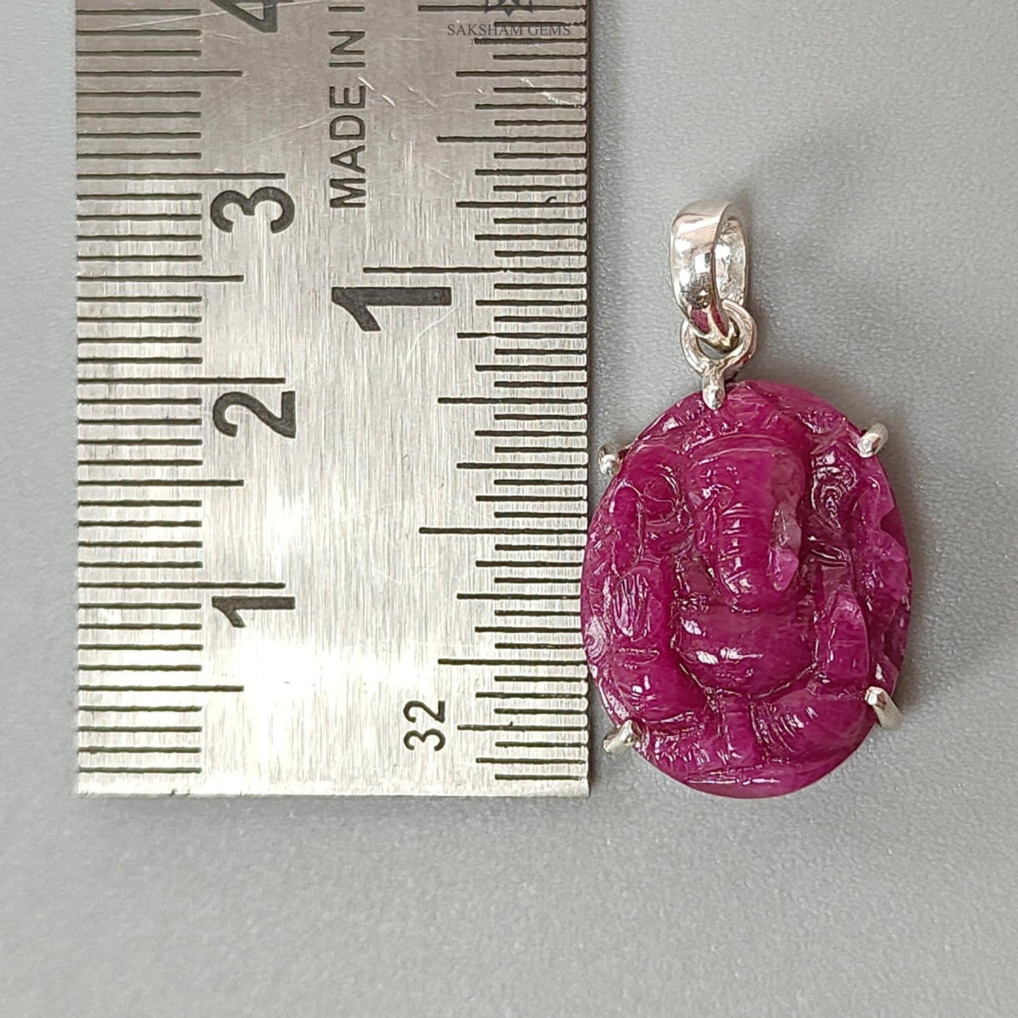 Ruby Ganesha Carving Silver Pendant: 5.97gms Natural Untreated Red Ruby Lord Ganesha Idol 925 Sterling Silver Prong Set Pendant 1.10"
