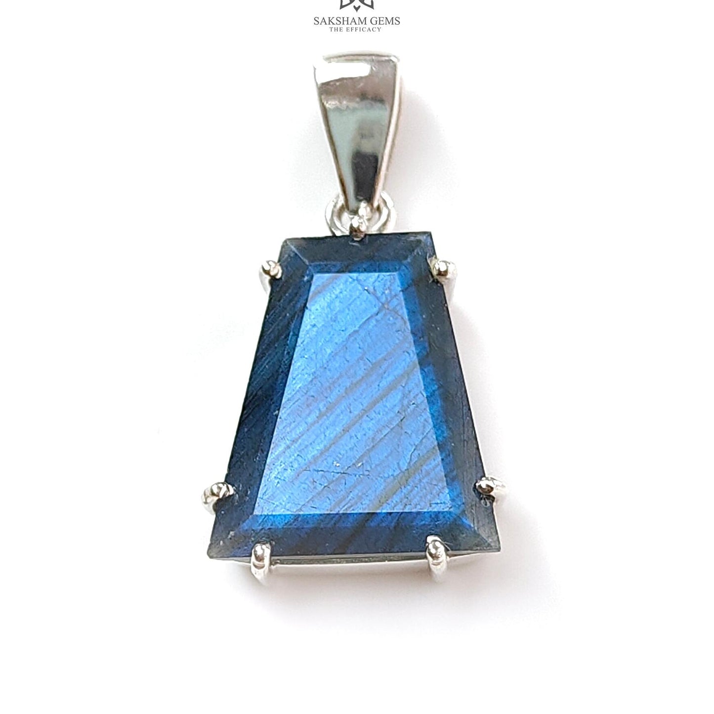 Blue Labradorite Faceted Pendant: 5.76gms Natural Untreated Labradorite Trapezium Fancy Cut 925 Sterling Silver Prong Set Pendant 1.30"