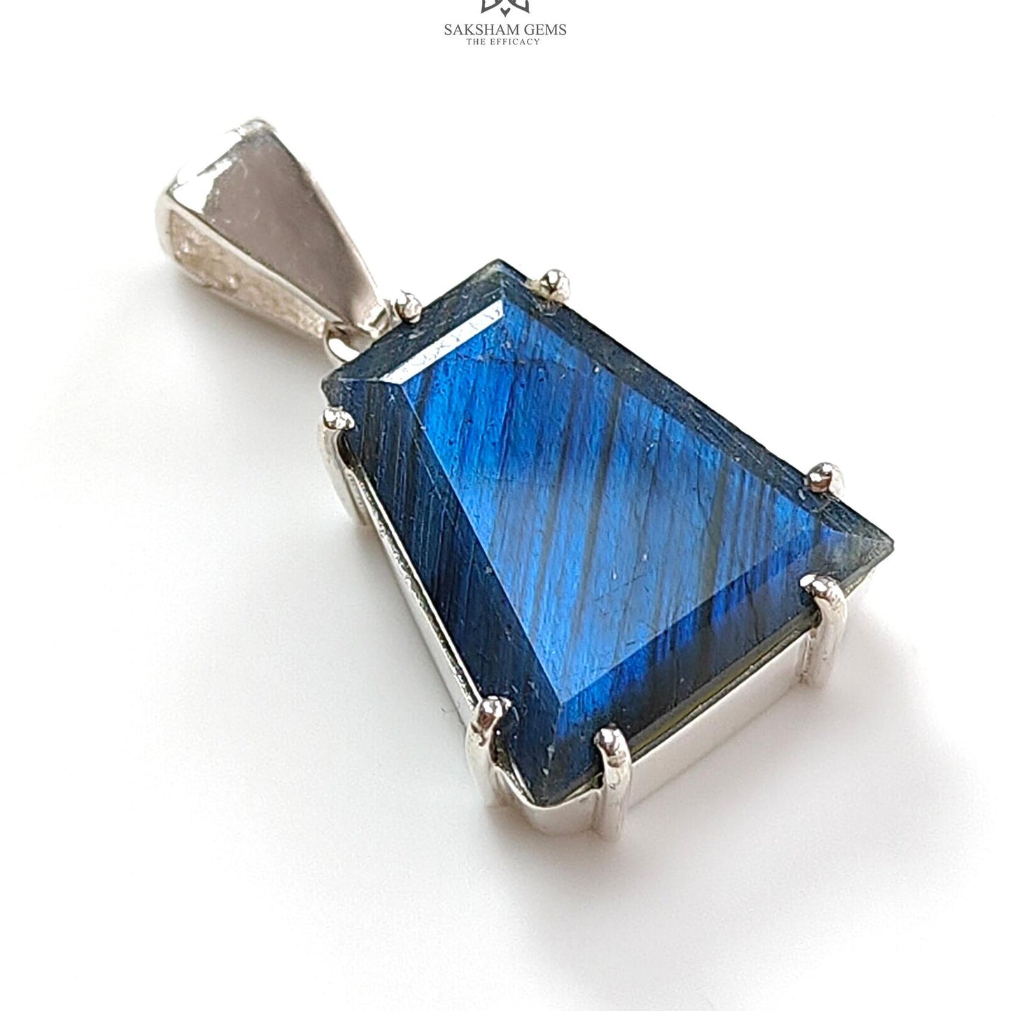 Blue Labradorite Faceted Pendant: 5.76gms Natural Untreated Labradorite Trapezium Fancy Cut 925 Sterling Silver Prong Set Pendant 1.30"