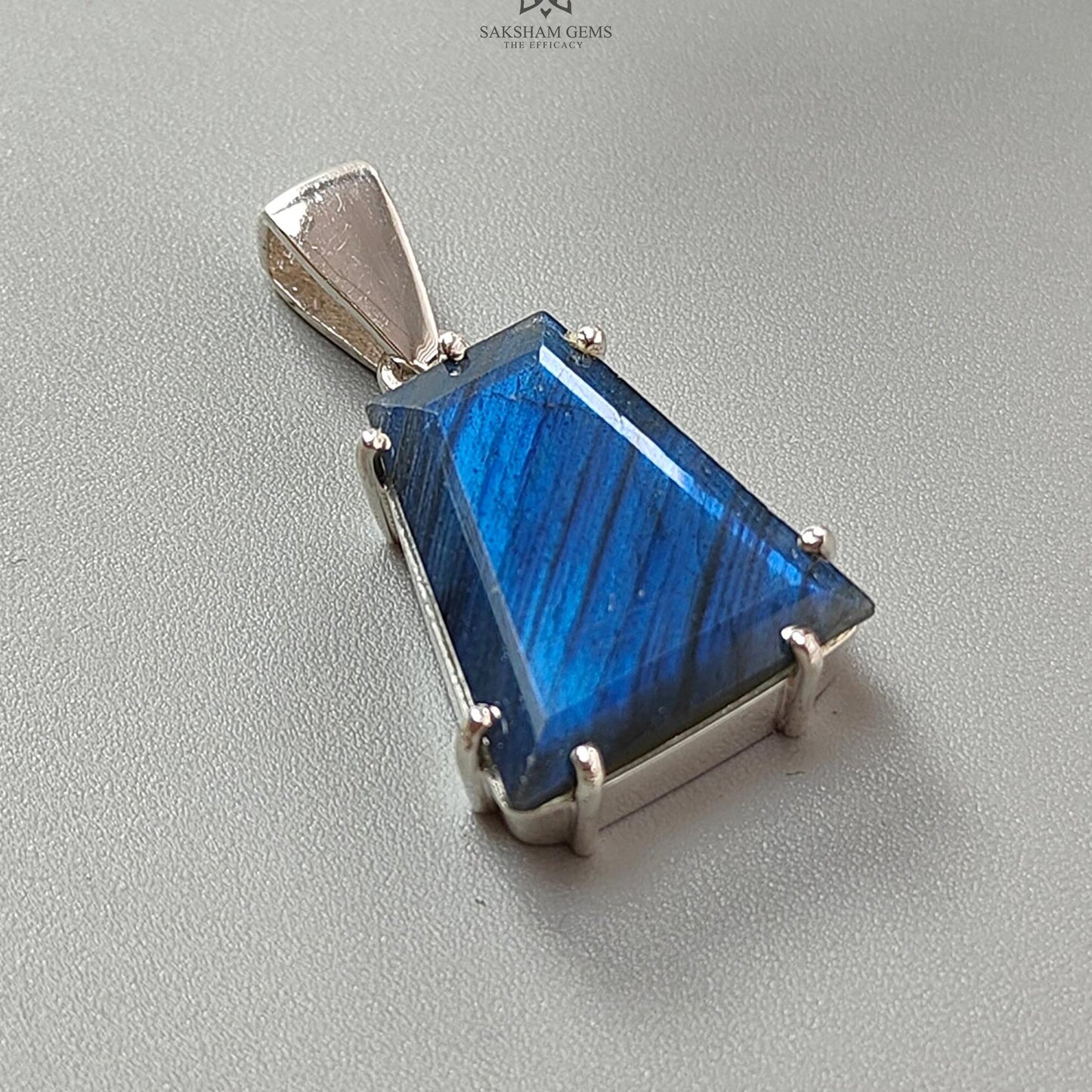 Blue Labradorite Faceted Pendant: 5.76gms Natural Untreated Labradorite Trapezium Fancy Cut 925 Sterling Silver Prong Set Pendant 1.30"