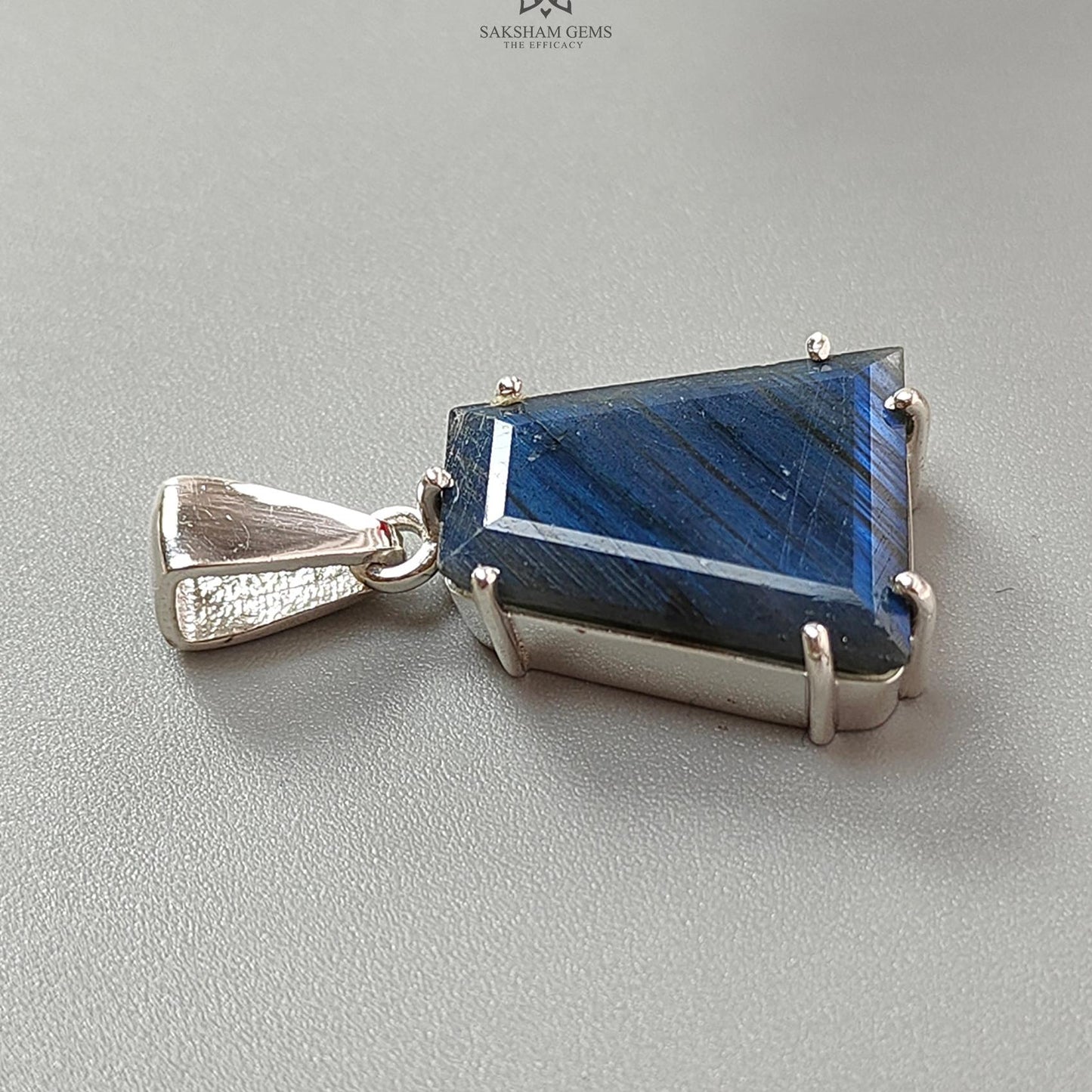 Blue Labradorite Faceted Pendant: 5.76gms Natural Untreated Labradorite Trapezium Fancy Cut 925 Sterling Silver Prong Set Pendant 1.30"