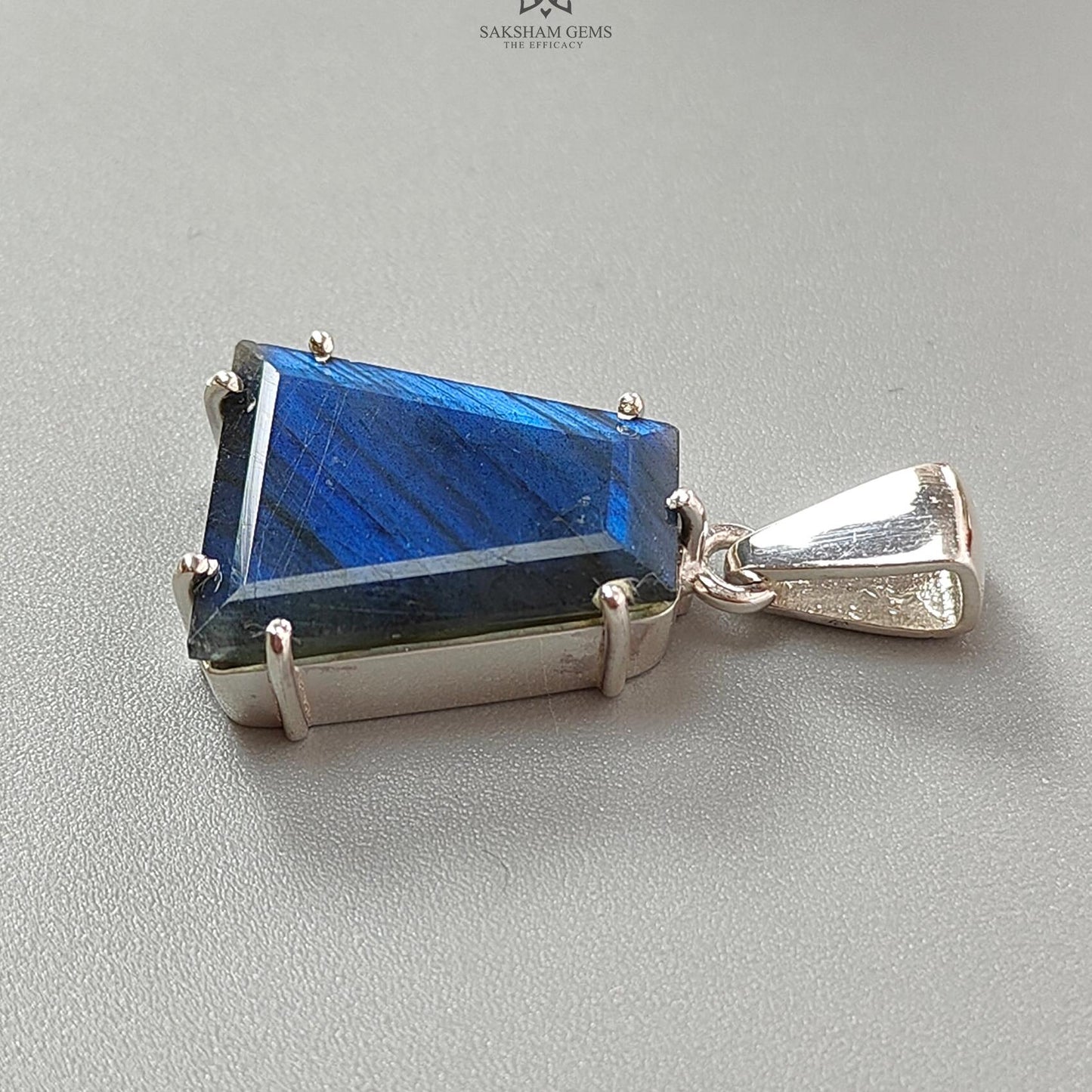 Blue Labradorite Faceted Pendant: 5.76gms Natural Untreated Labradorite Trapezium Fancy Cut 925 Sterling Silver Prong Set Pendant 1.30"
