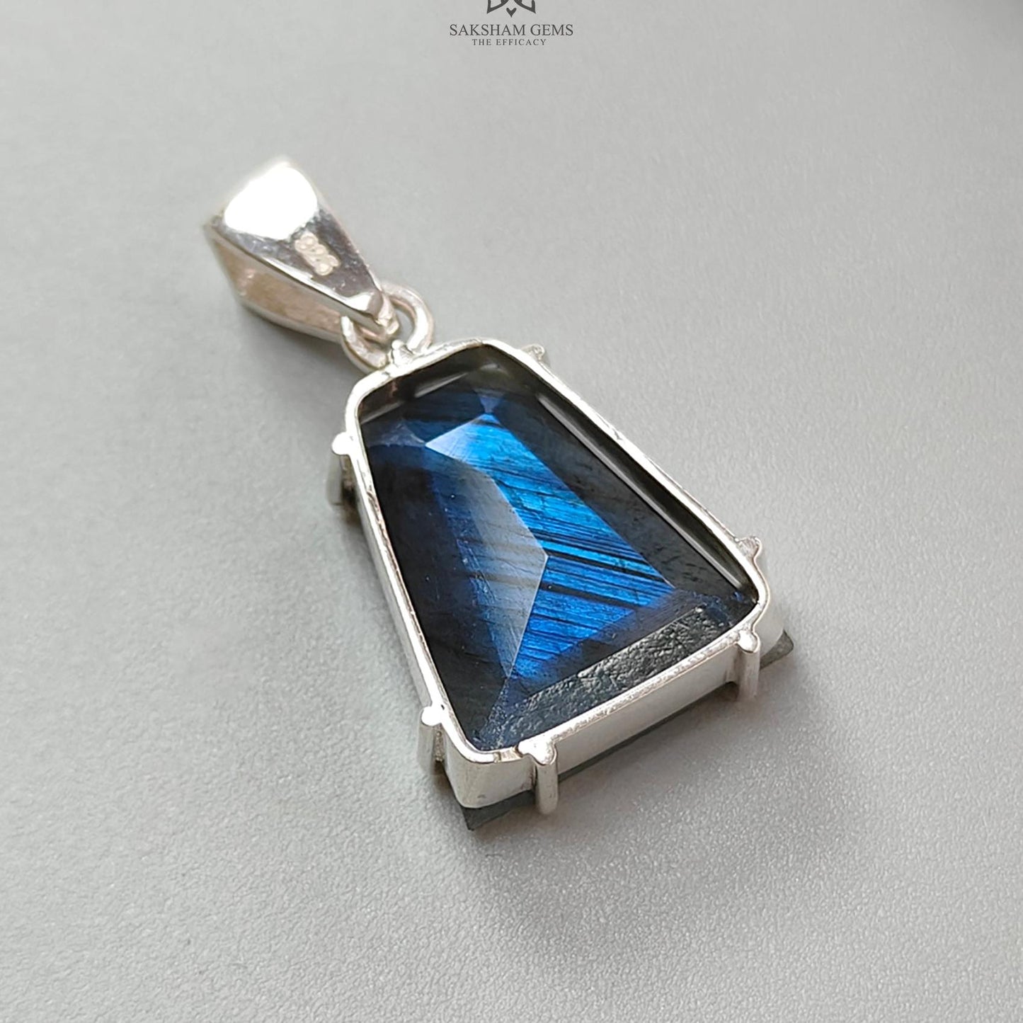 Blue Labradorite Faceted Pendant: 5.76gms Natural Untreated Labradorite Trapezium Fancy Cut 925 Sterling Silver Prong Set Pendant 1.30"
