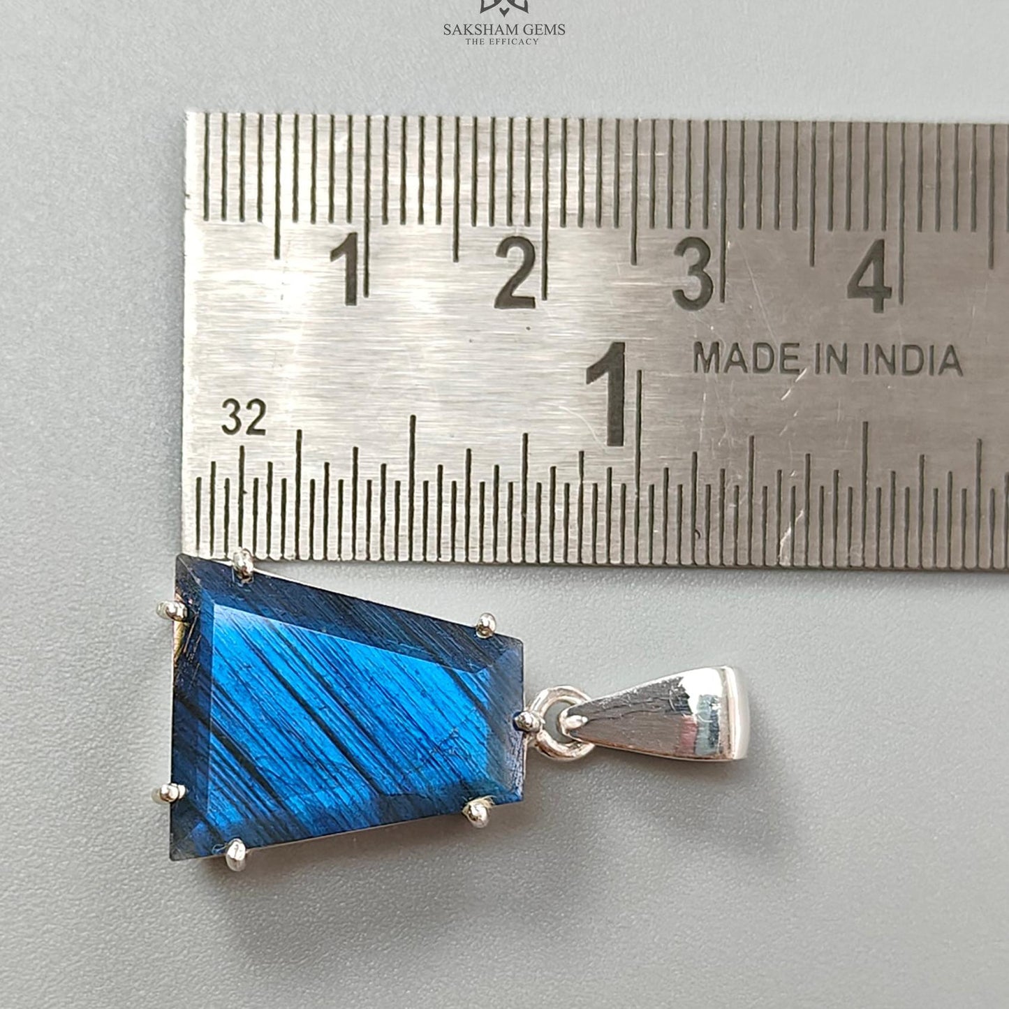Blue Labradorite Faceted Pendant: 5.76gms Natural Untreated Labradorite Trapezium Fancy Cut 925 Sterling Silver Prong Set Pendant 1.30"