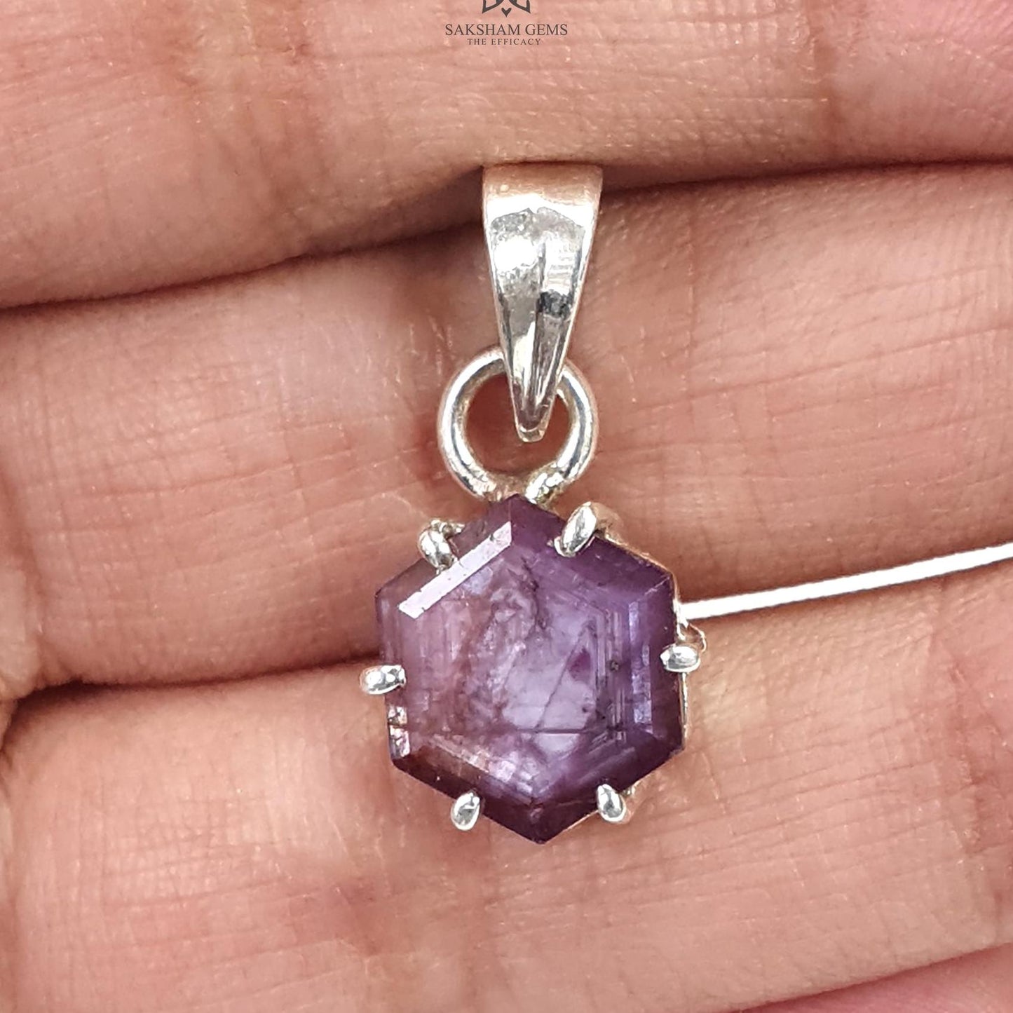Raspberry Sheen Pink Sapphire Faceted Silver Pendant: 2.81gms Natural Untreated Sapphire Hexagon 925 Sterling Silver Prong Set 1" Pendant