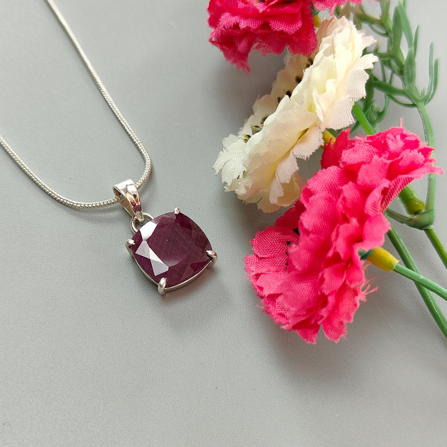 Red Ruby Silver Faceted Cut Pendant: 4.94gms Natural Untreated Ruby Cushion Shape Faceted 925 Sterling Silver Prong Set Pendant 1"