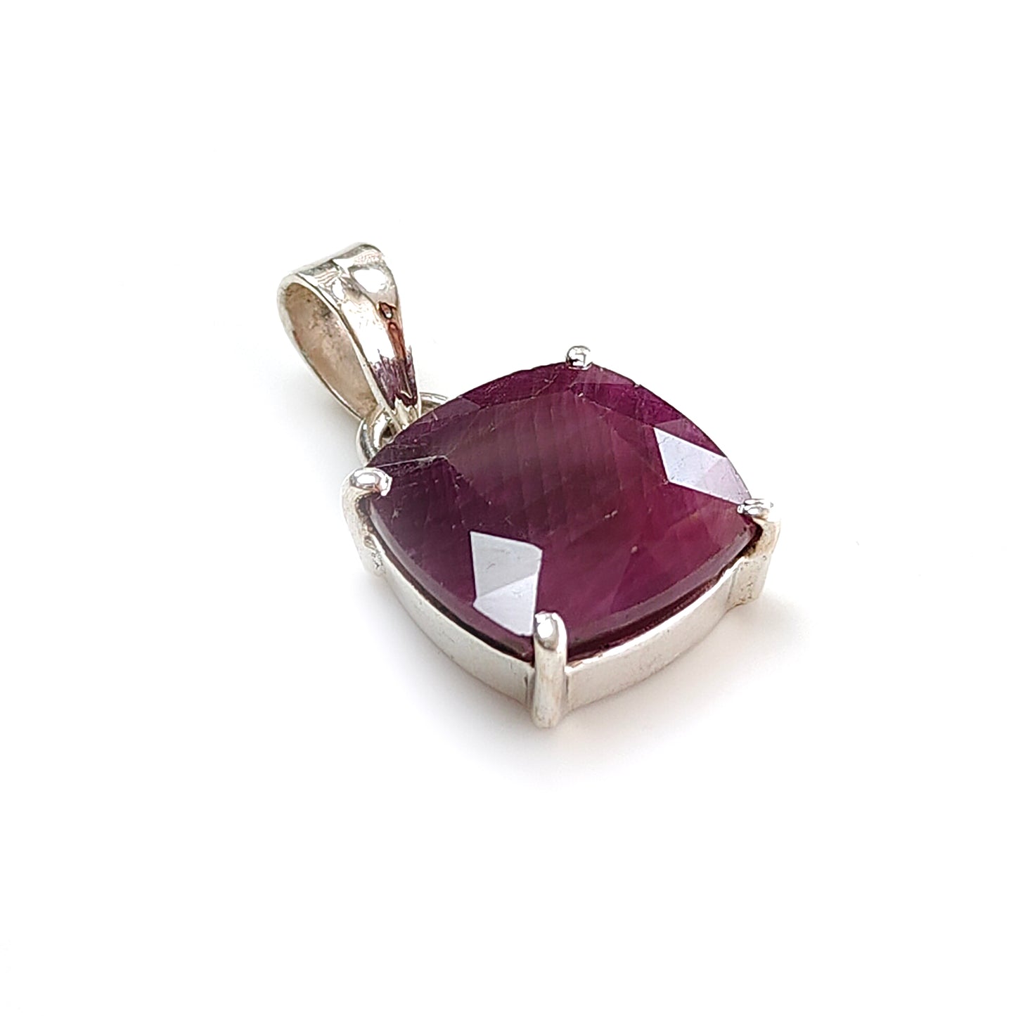 Red Ruby Silver Faceted Cut Pendant: 5.08gms Natural Untreated Ruby Cushion Shape Faceted 925 Sterling Silver Prong Set Pendant 1"
