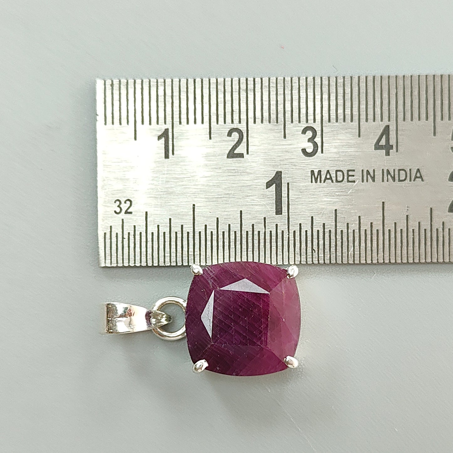 Red Ruby Silver Faceted Cut Pendant: 5.08gms Natural Untreated Ruby Cushion Shape Faceted 925 Sterling Silver Prong Set Pendant 1"