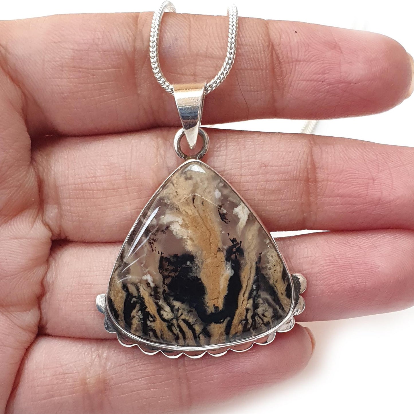 Tiger Dendrite Agate Plain Silver Pendant: 7.37gms Natural Untreated Bi-Color Agate Triangle 925 Sterling Silver Bezel Set Pendant 1.75"