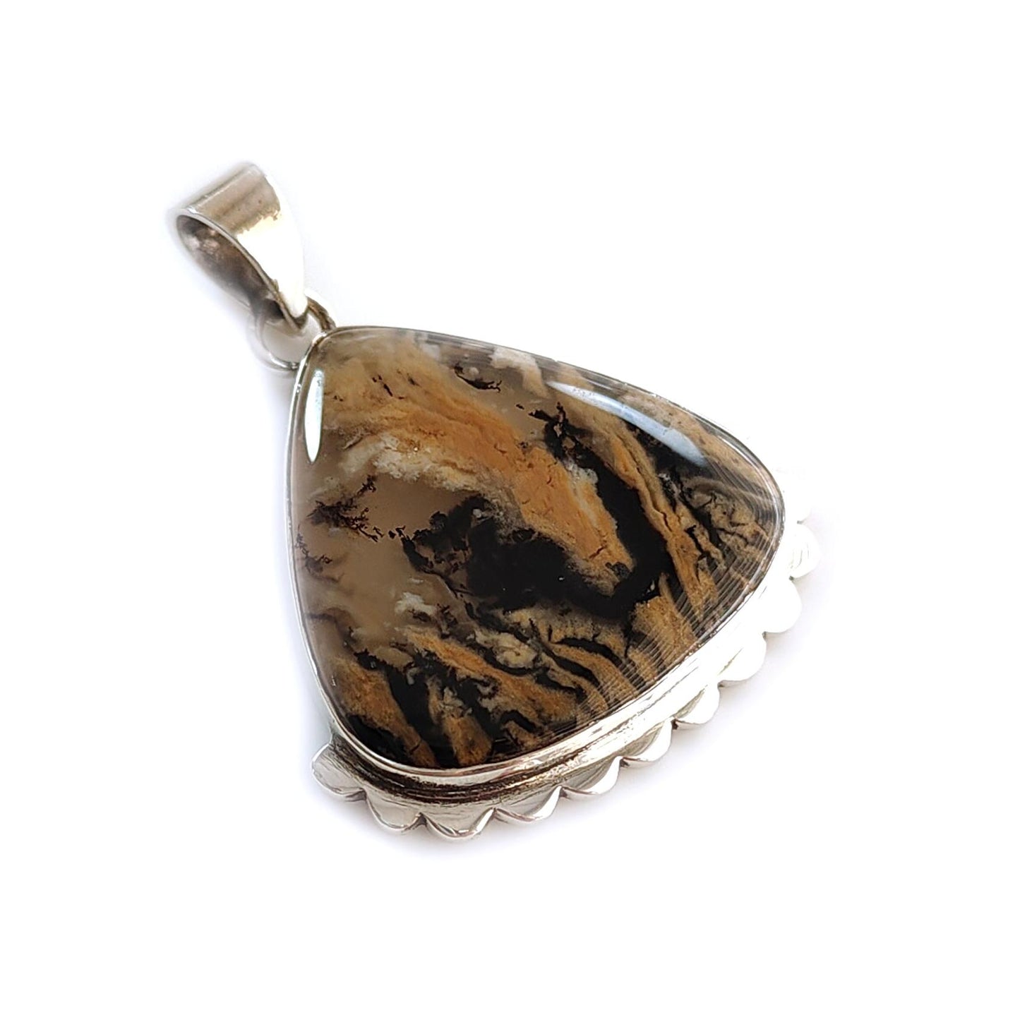 Tiger Dendrite Agate Plain Silver Pendant: 7.37gms Natural Untreated Bi-Color Agate Triangle 925 Sterling Silver Bezel Set Pendant 1.75"