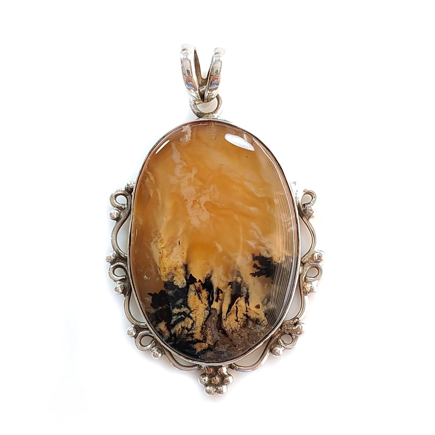 Tiger Dendrite Agate Plain Silver Pendant: 13.32gms Natural Untreated Bi-Color Agate Oval 925 Sterling Silver Bezel Set Pendant 2.00"