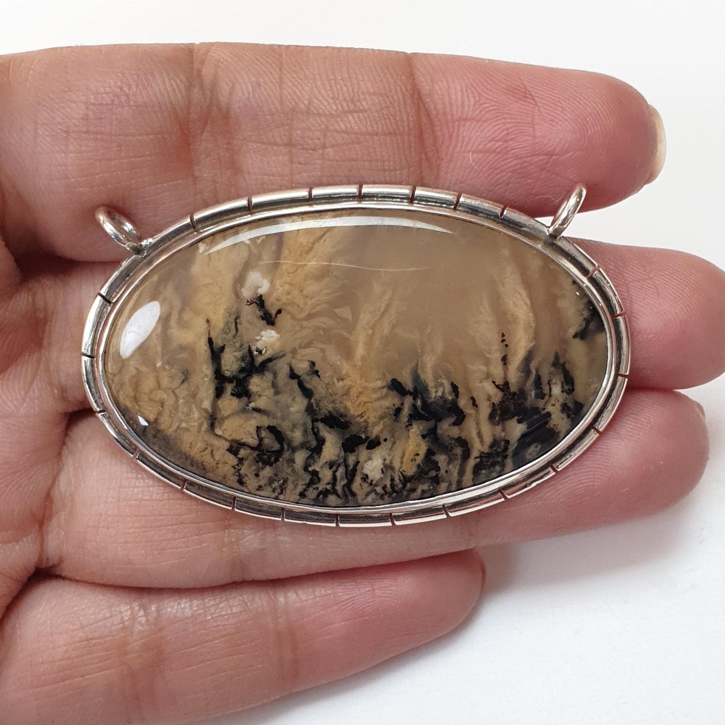 Tiger Dendrite Agate Plain Silver Pendant: 14.61gms Natural Untreated Bi-Color Agate Oval 925 Sterling Silver Bezel Set Pendant 2.00"