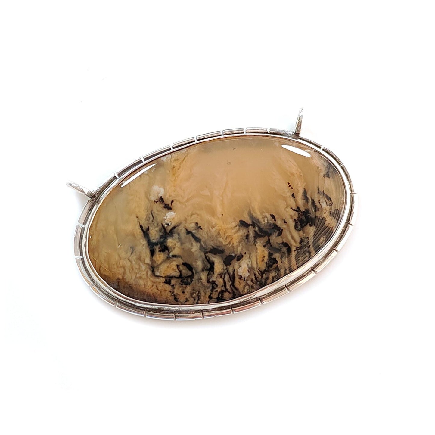 Tiger Dendrite Agate Plain Silver Pendant: 14.61gms Natural Untreated Bi-Color Agate Oval 925 Sterling Silver Bezel Set Pendant 2.00"