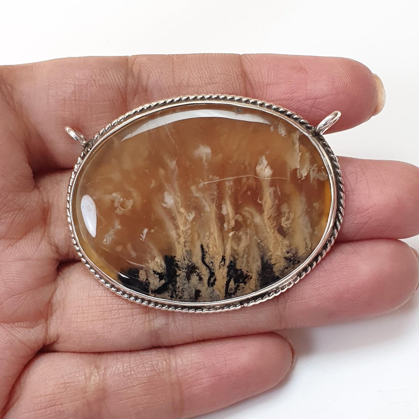 Tiger Dendrite Agate Plain Silver Pendant:15.42gms Natural Untreated Bi-Color Agate Oval 925 Sterling Silver Bezel Set Pendant 2.00"