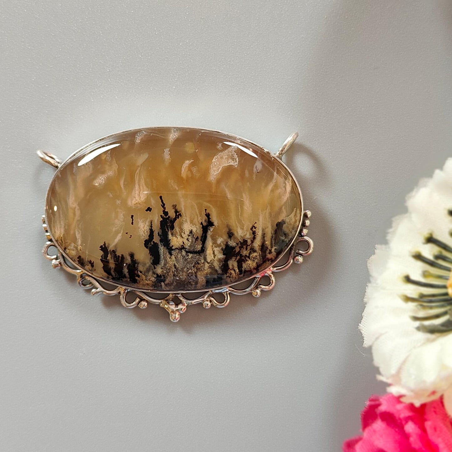 Tiger Dendrite Agate Plain Silver Pendant:15.57gms Natural Untreated Bi-Color Agate Oval 925 Sterling Silver Bezel Set Pendant 2.00"