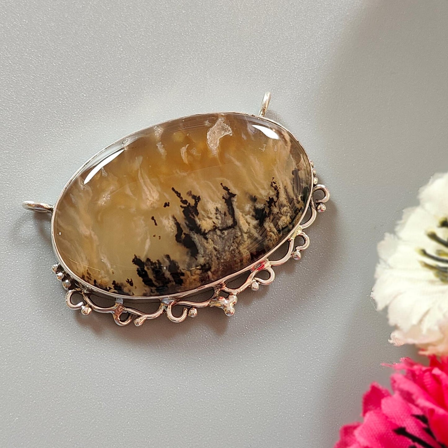 Tiger Dendrite Agate Plain Silver Pendant:15.57gms Natural Untreated Bi-Color Agate Oval 925 Sterling Silver Bezel Set Pendant 2.00"