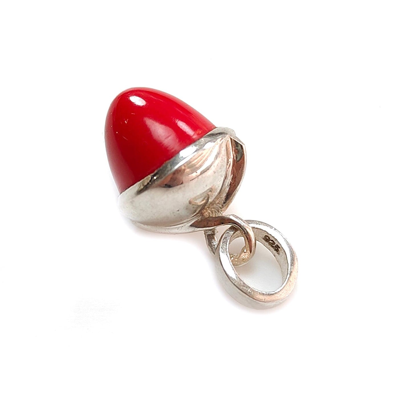 Red Coral Gemstone 925 Sterling Silver Pendant: 3.27gms Synthetic Coral Bezel Set Regular Size Bullet Pendant with Normal Loop 1"