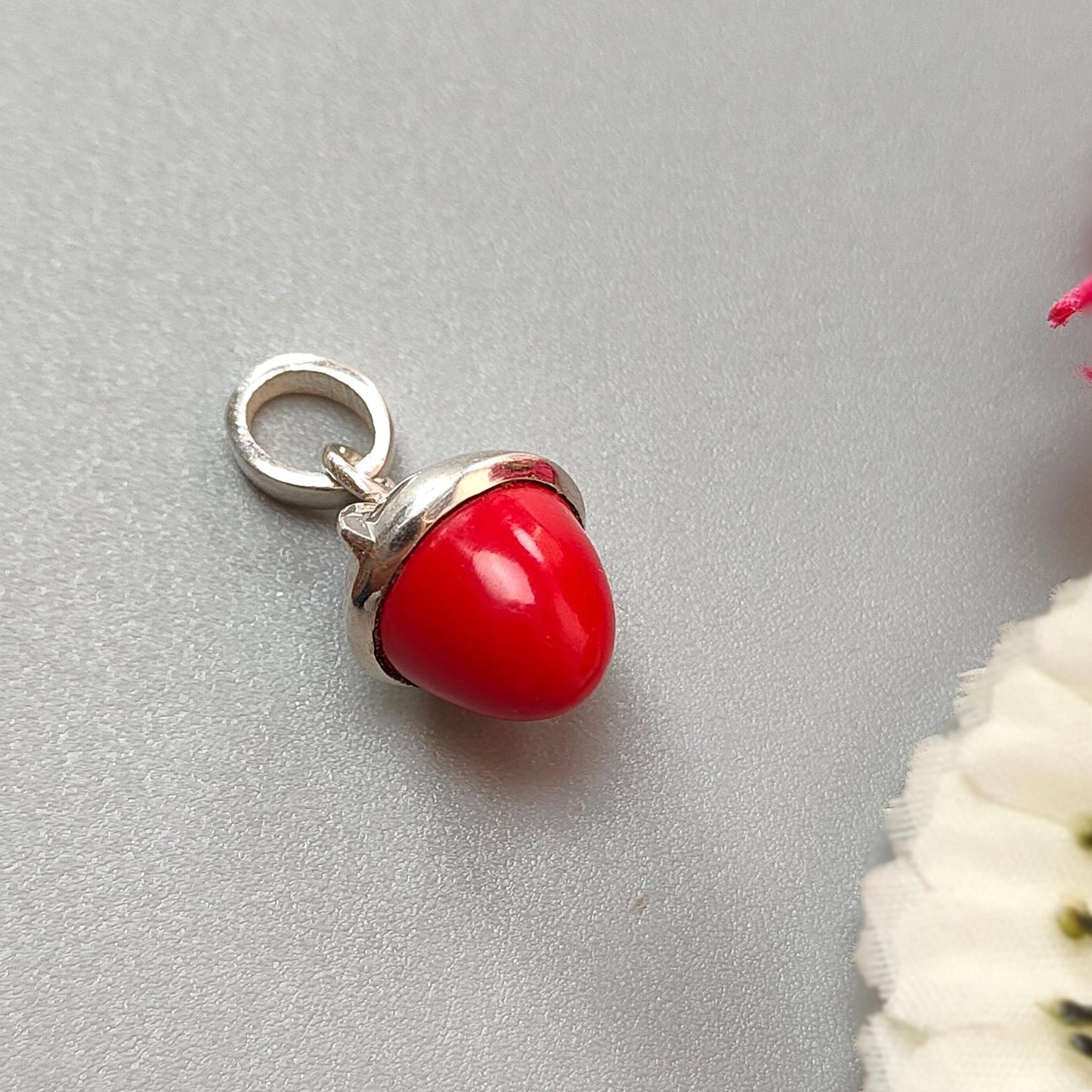 Red Coral Gemstone 925 Sterling Silver Pendant: 3.27gms Synthetic Coral Bezel Set Regular Size Bullet Pendant with Normal Loop 1"