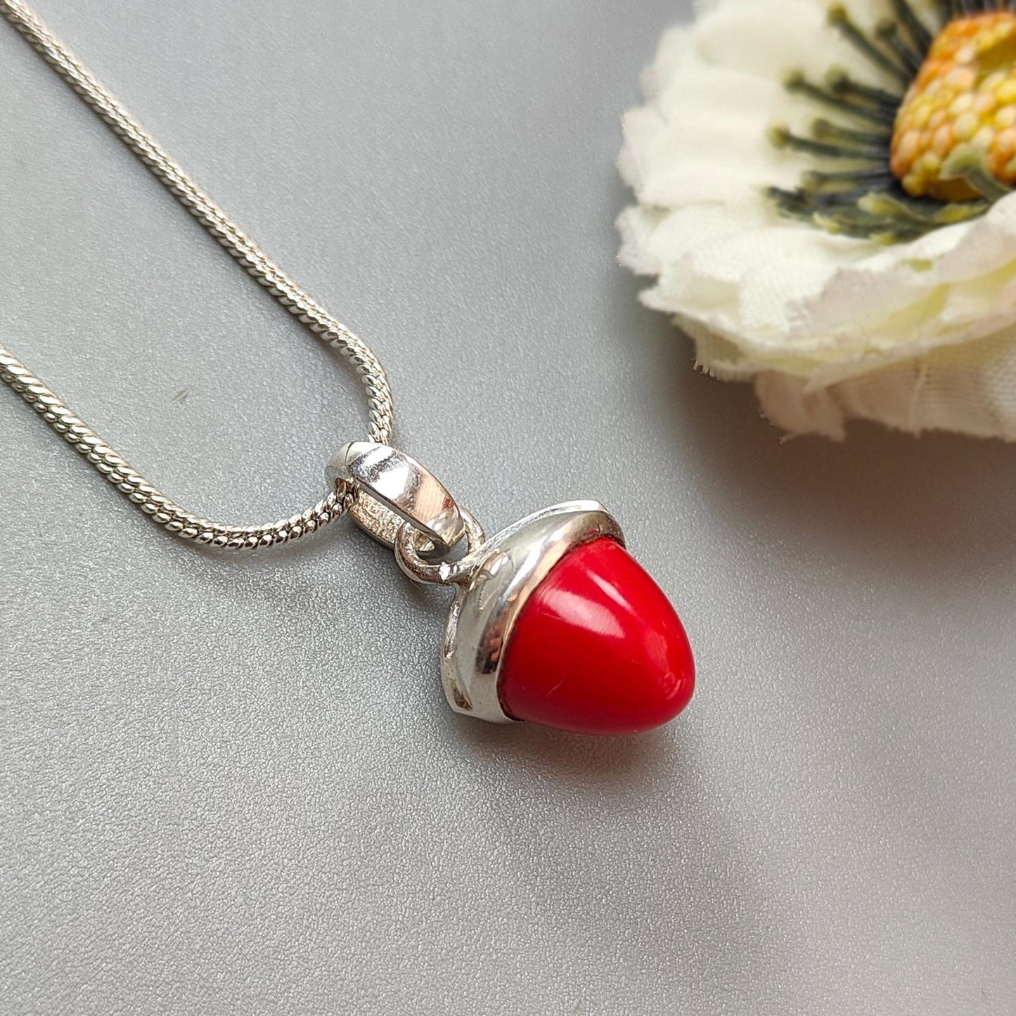 Red Coral Gemstone 925 Sterling Silver Pendant: 3.27gms Synthetic Coral Bezel Set Regular Size Bullet Pendant with Normal Loop 1"