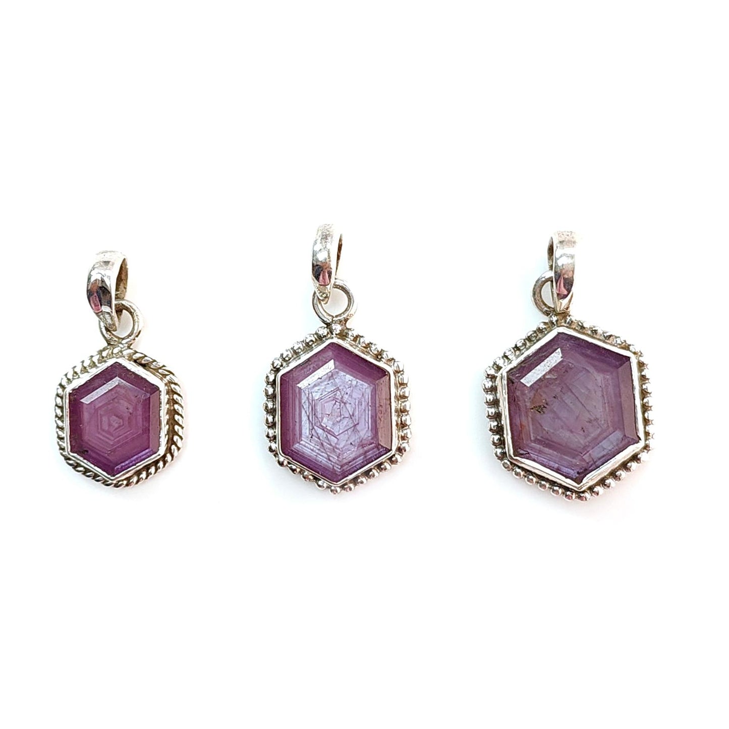 Raspberry Purple Ruby Faceted Silver Pendant: Natural Untreated Sheen Ruby Hexagon Normal Cut 925 Sterling Silver Bezel Set Pendant