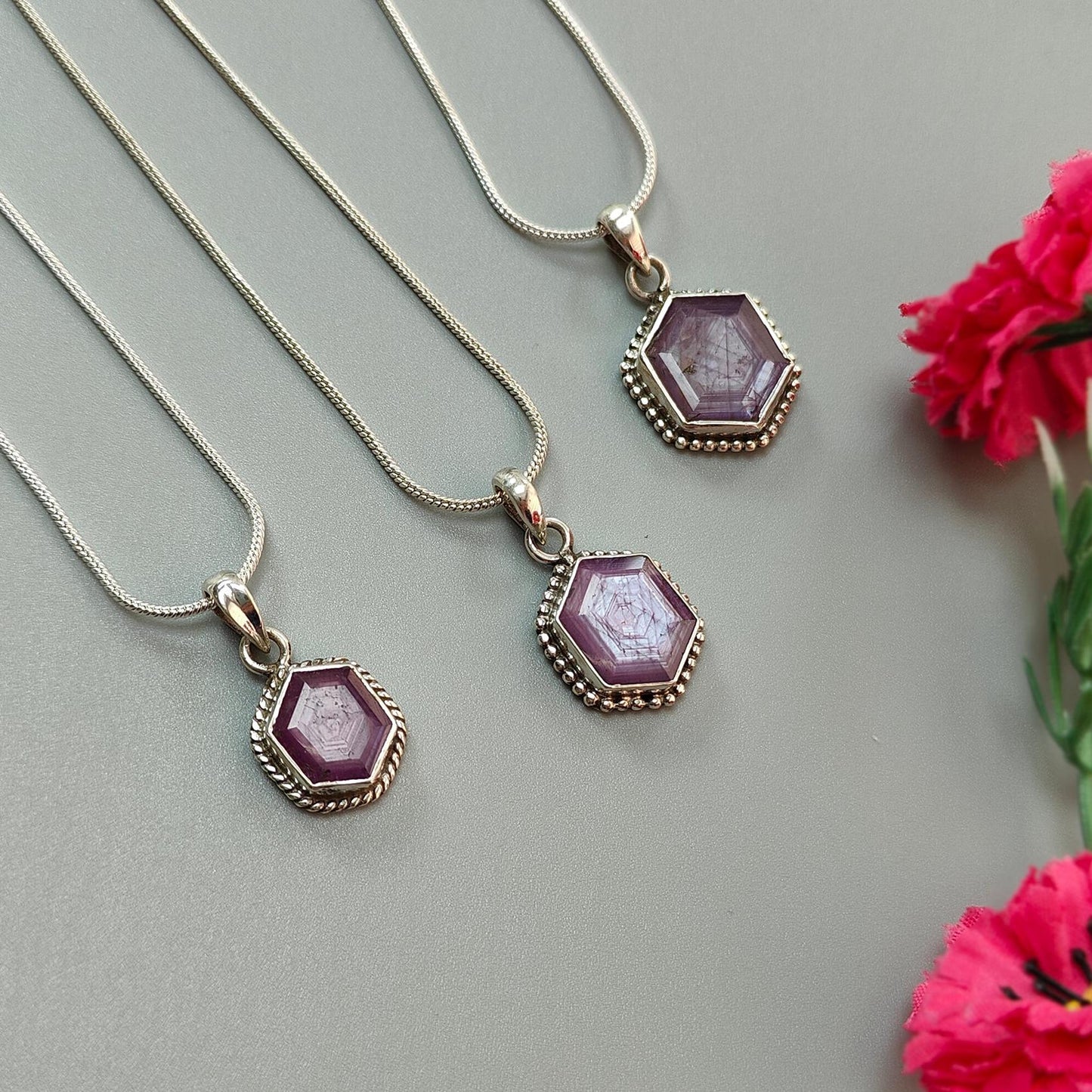 Raspberry Purple Ruby Faceted Silver Pendant: Natural Untreated Sheen Ruby Hexagon Normal Cut 925 Sterling Silver Bezel Set Pendant