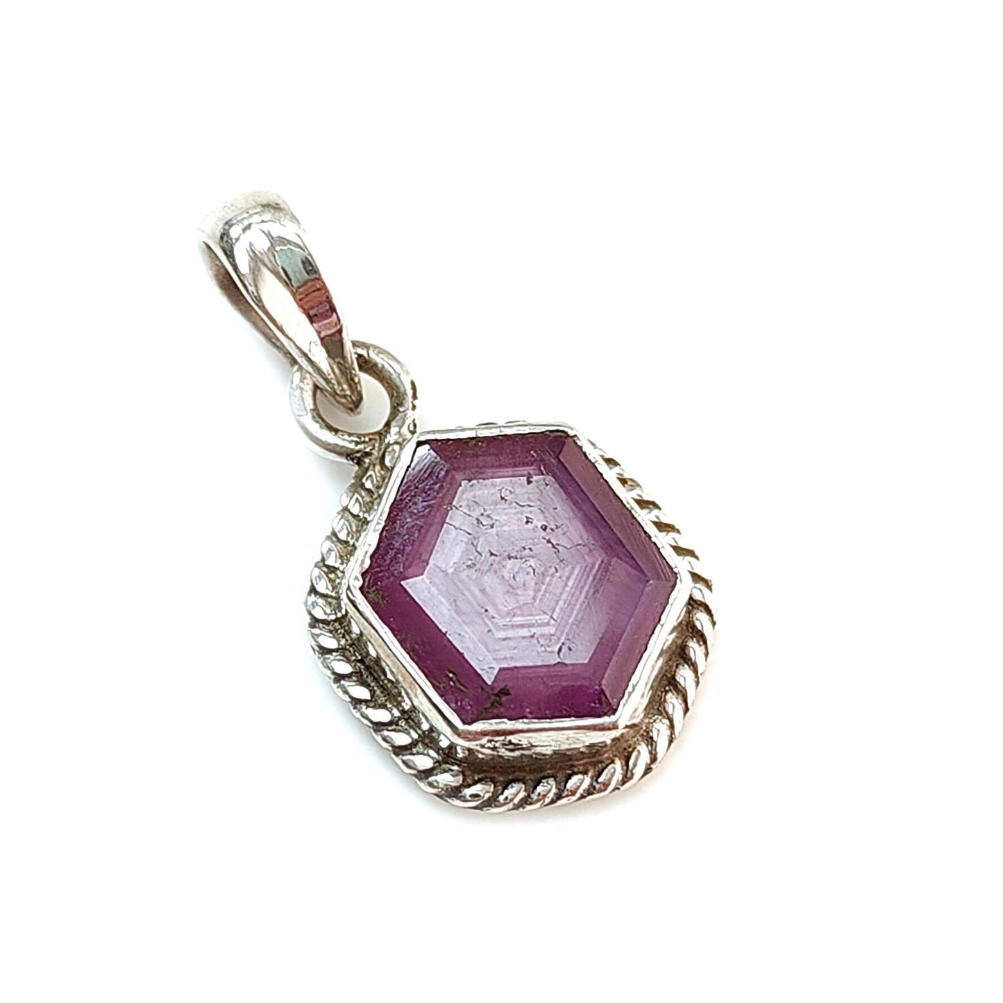 Raspberry Purple Ruby Faceted Silver Pendant: Natural Untreated Sheen Ruby Hexagon Normal Cut 925 Sterling Silver Bezel Set Pendant