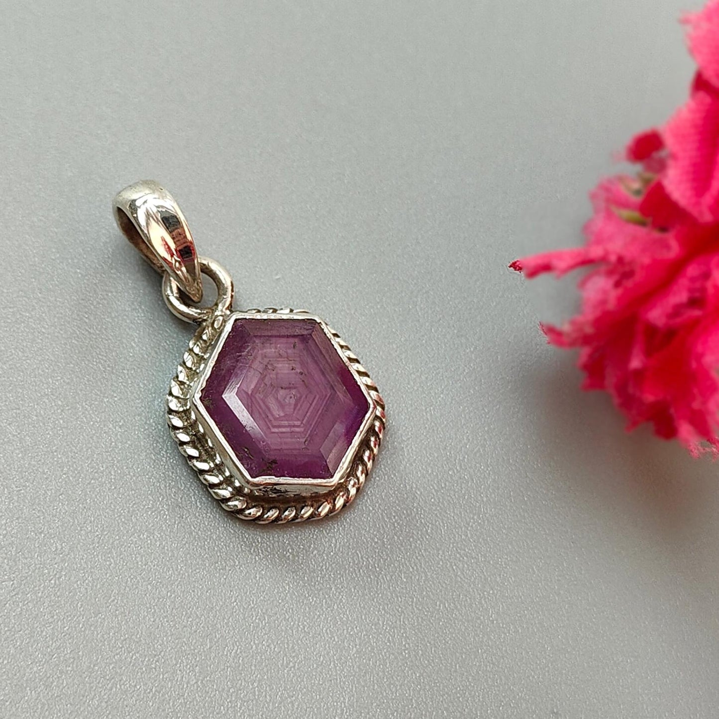 Raspberry Purple Ruby Faceted Silver Pendant: Natural Untreated Sheen Ruby Hexagon Normal Cut 925 Sterling Silver Bezel Set Pendant