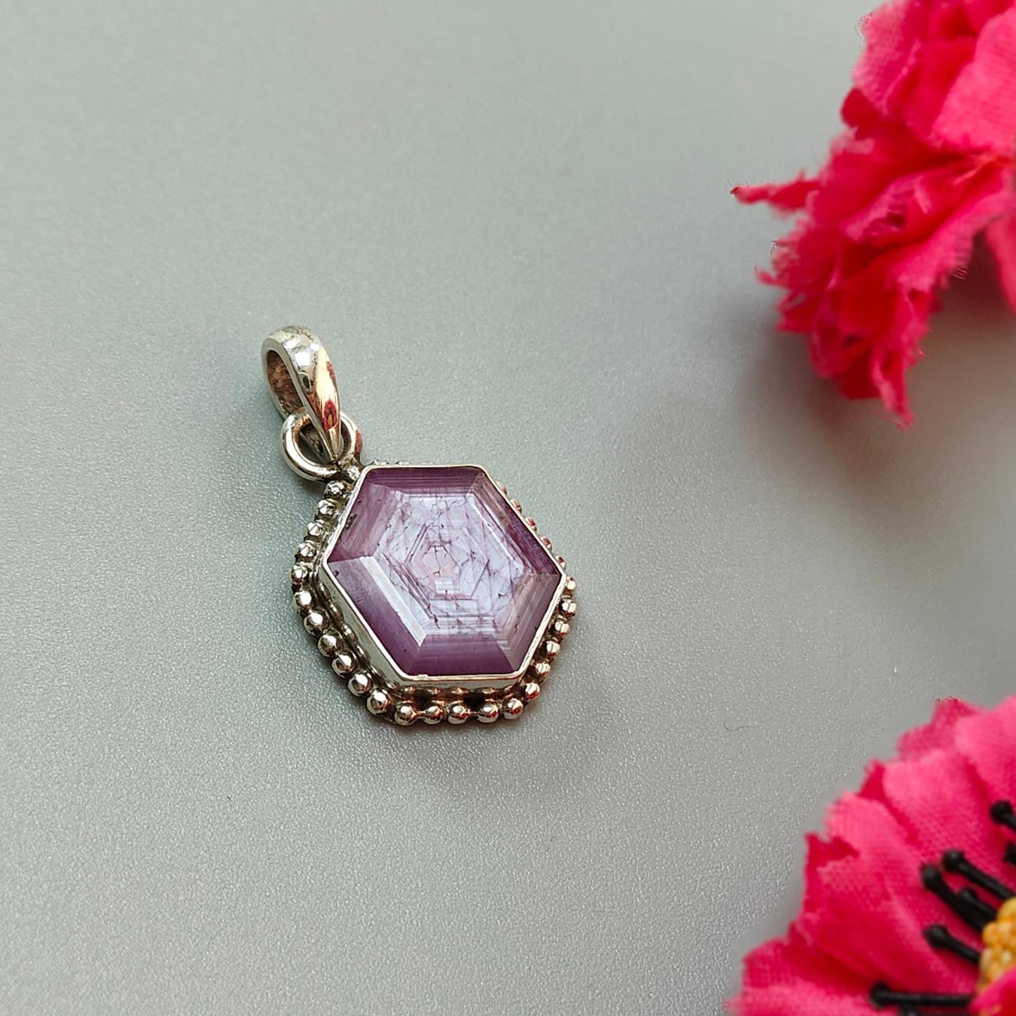 Raspberry Purple Ruby Faceted Silver Pendant: Natural Untreated Sheen Ruby Hexagon Normal Cut 925 Sterling Silver Bezel Set Pendant