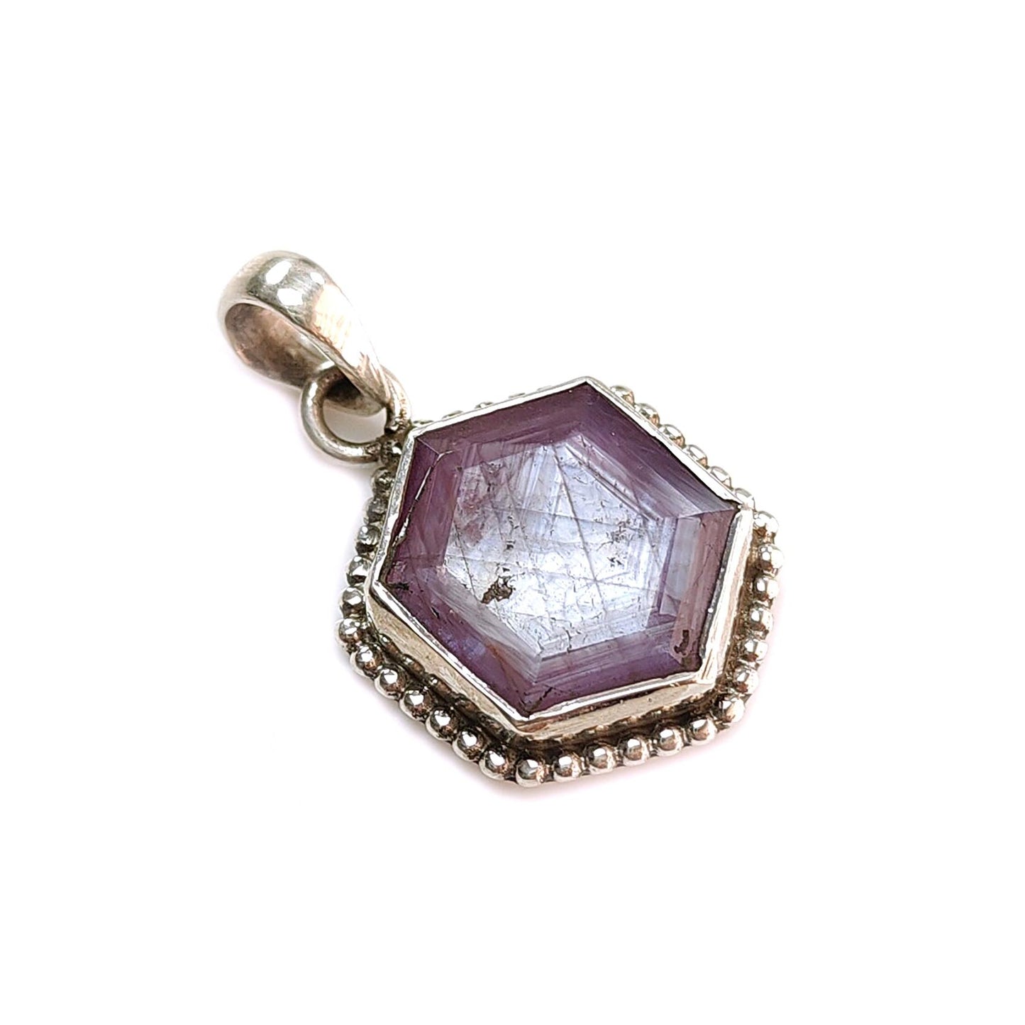Raspberry Purple Ruby Faceted Silver Pendant: Natural Untreated Sheen Ruby Hexagon Normal Cut 925 Sterling Silver Bezel Set Pendant