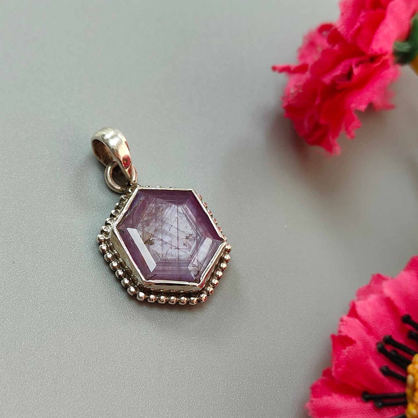 Raspberry Purple Ruby Faceted Silver Pendant: Natural Untreated Sheen Ruby Hexagon Normal Cut 925 Sterling Silver Bezel Set Pendant