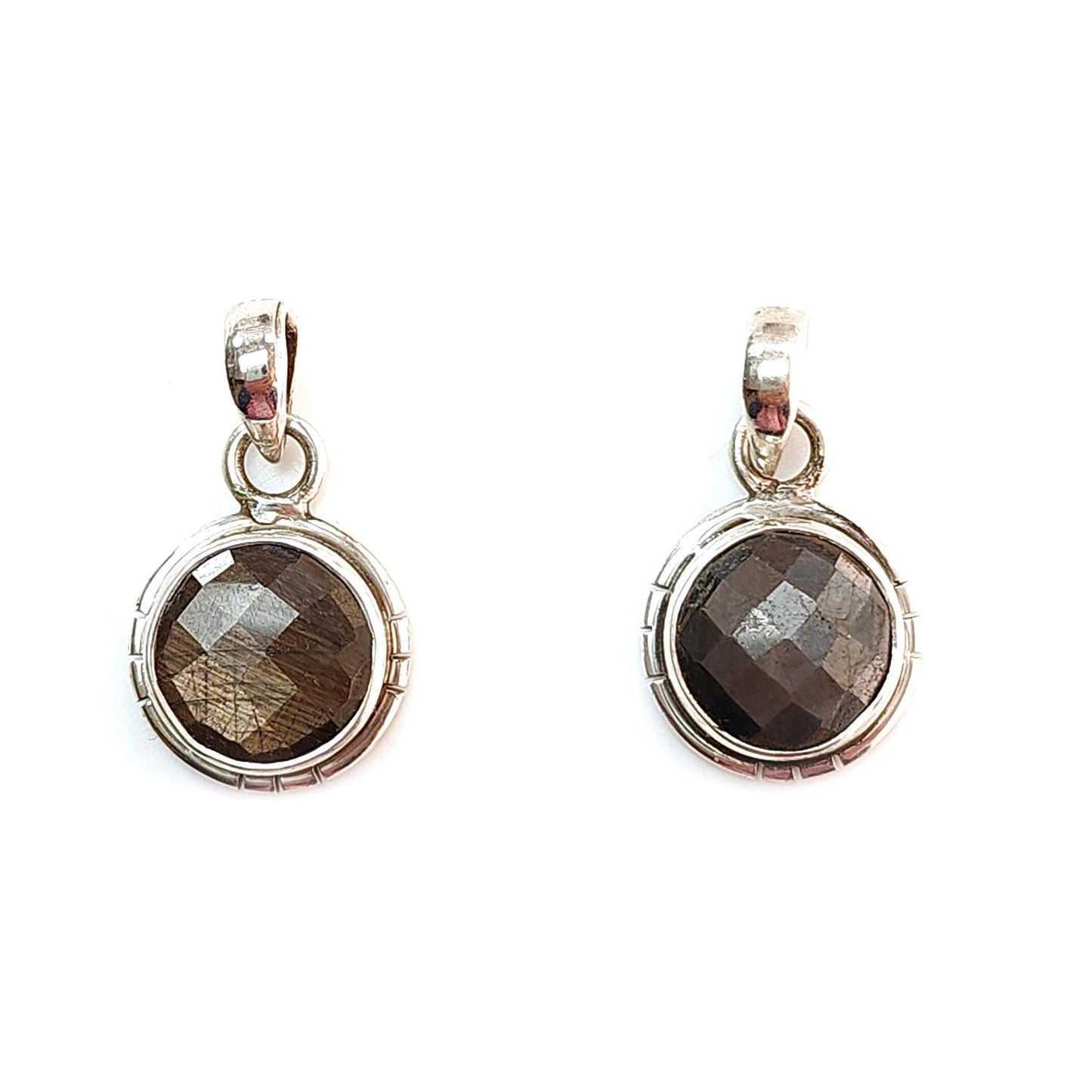 Golden, Silver Sapphire Faceted Silver Pendant: Natural Untreated Sapphire Round Checker Cut 925 Sterling Silver Bezel Set Pendant