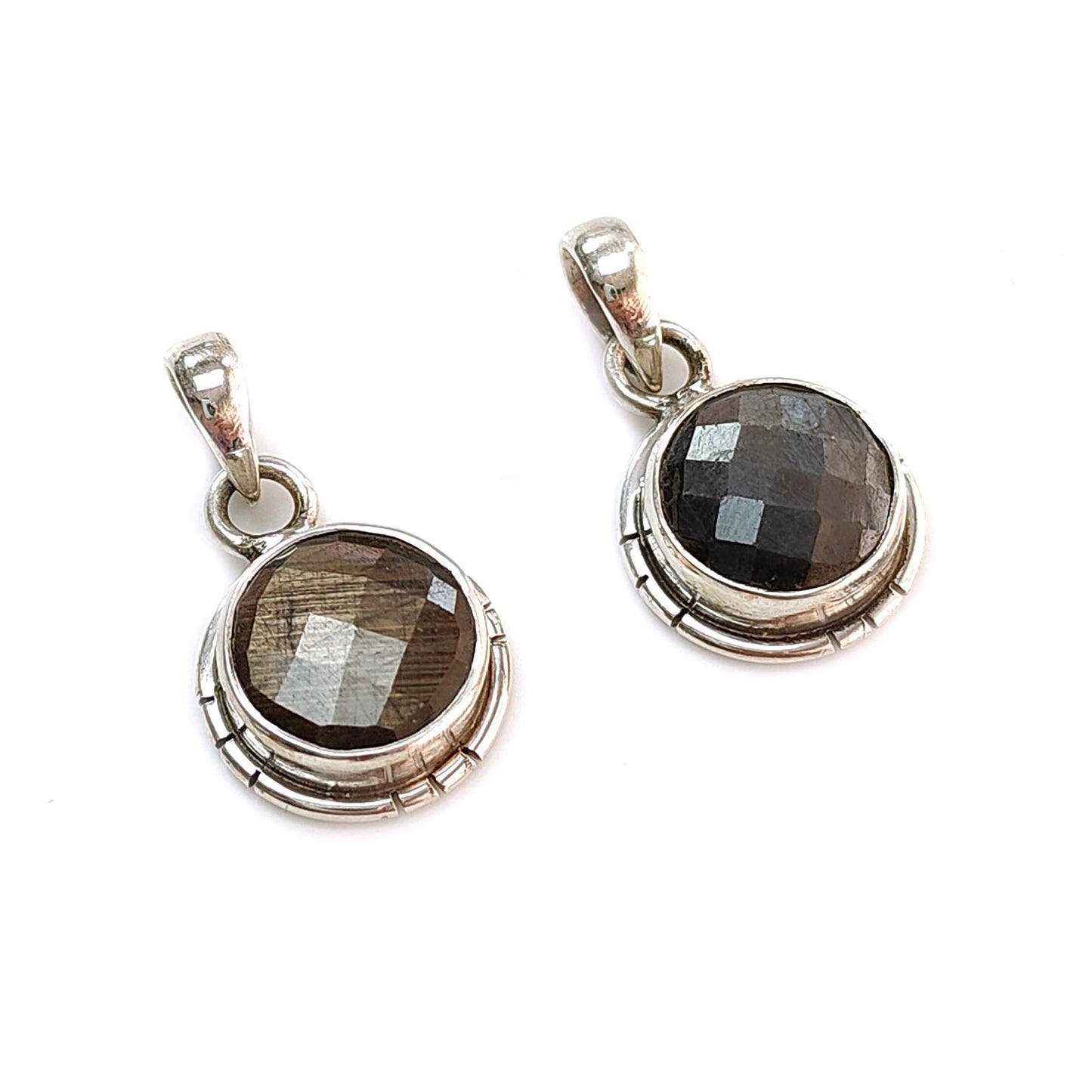 Golden, Silver Sapphire Faceted Silver Pendant: Natural Untreated Sapphire Round Checker Cut 925 Sterling Silver Bezel Set Pendant