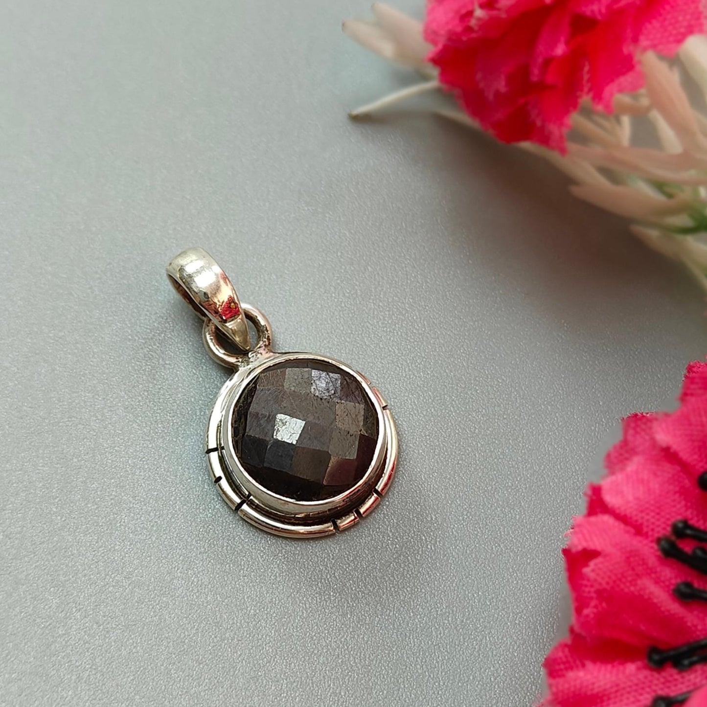 Golden, Silver Sapphire Faceted Silver Pendant: Natural Untreated Sapphire Round Checker Cut 925 Sterling Silver Bezel Set Pendant