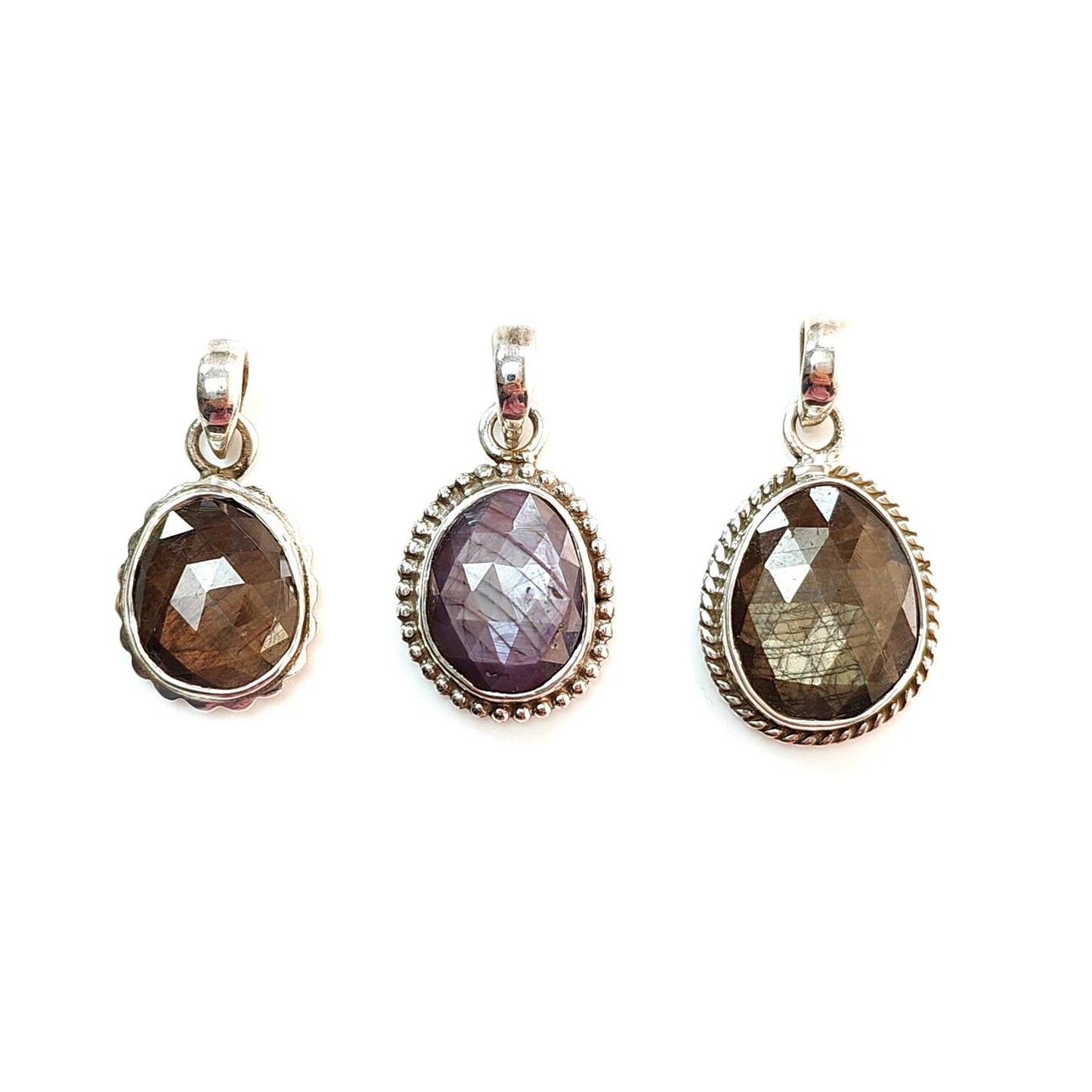 Golden, Pink Sapphire Faceted Silver Pendant: Natural Untreated Sheen Sapphire Fancy Rose Cut 925 Sterling Silver Bezel Set Pendant