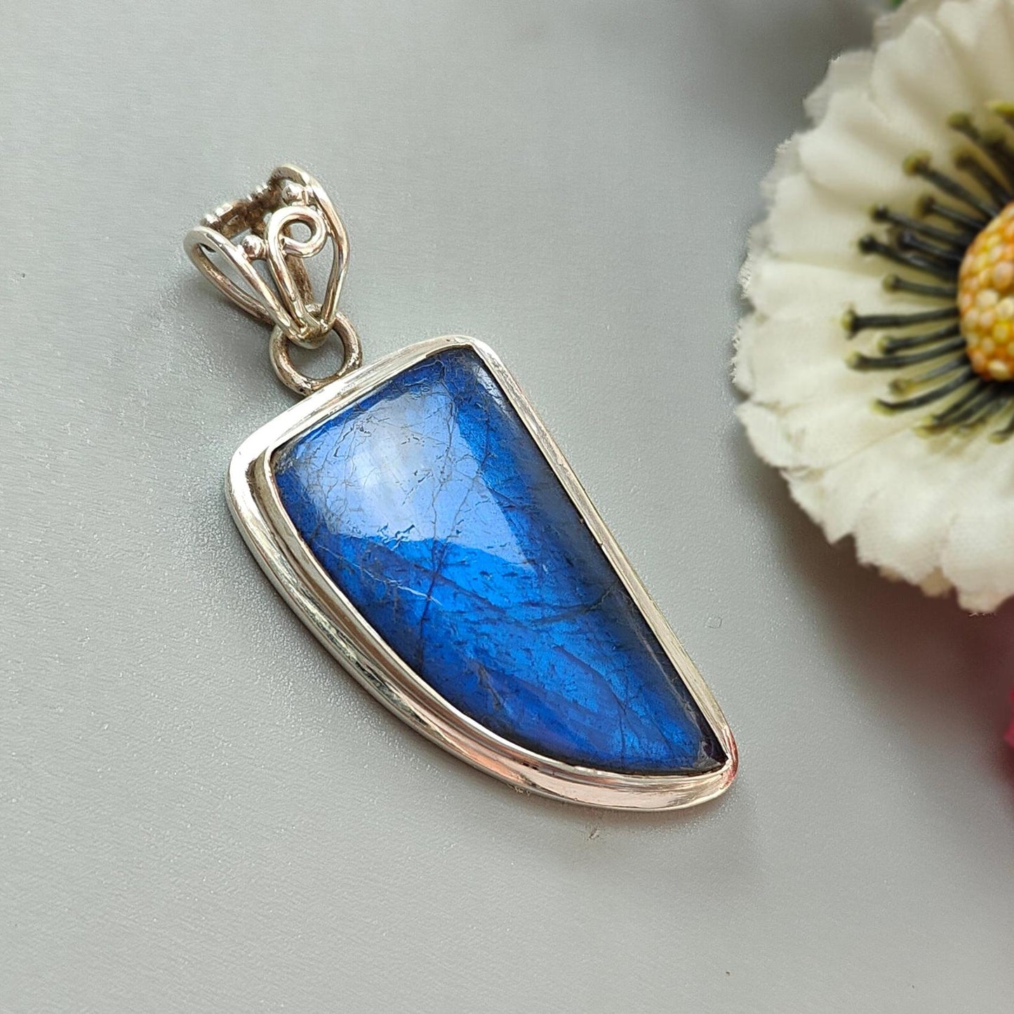 Blue Labradorite Plain Silver Pendant: 12.91gms Natural Untreated Labradorite Fancy Shape 925 Sterling Silver Bezel Set Pendant 2"