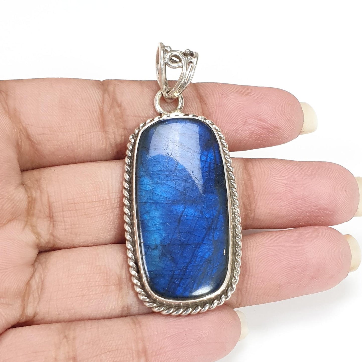 Blue Labradorite Plain Silver Pendant: 15.03gms Natural Untreated Labradorite Baguette Shape 925 Sterling Silver Bezel Set Pendant 2.10"