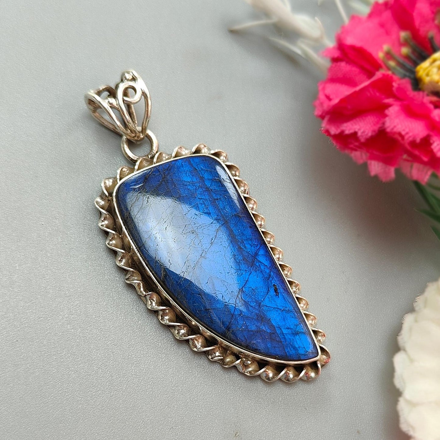Blue Labradorite Plain Silver Pendant: 16.26gms Natural Untreated Labradorite Fancy Shape 925 Sterling Silver Bezel Set Pendant 2.30"