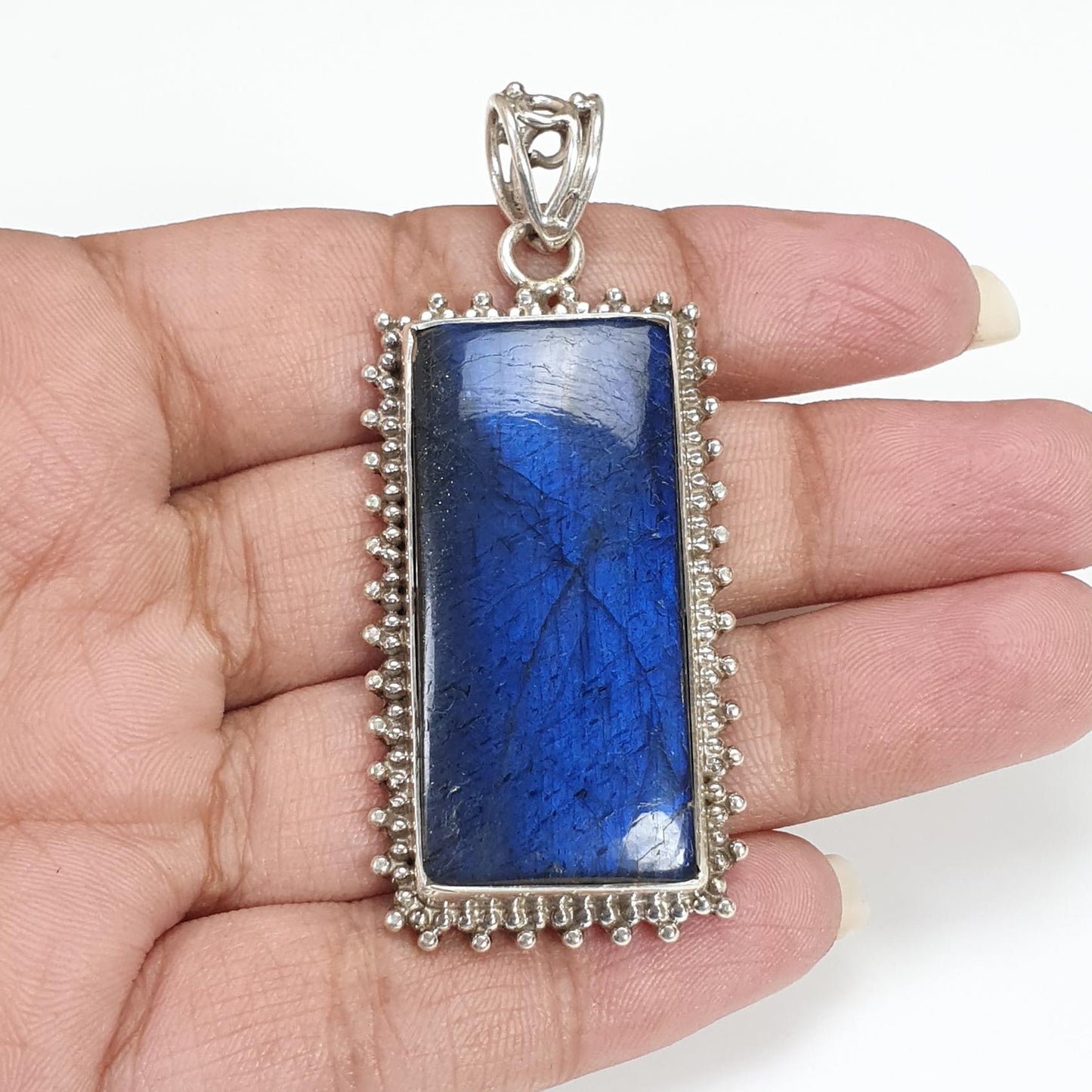 Blue Labradorite Plain Silver Pendant: 18.46gms Natural Untreated Labradorite Baguette Shape 925 Sterling Silver Bezel Set Pendant 2.30"