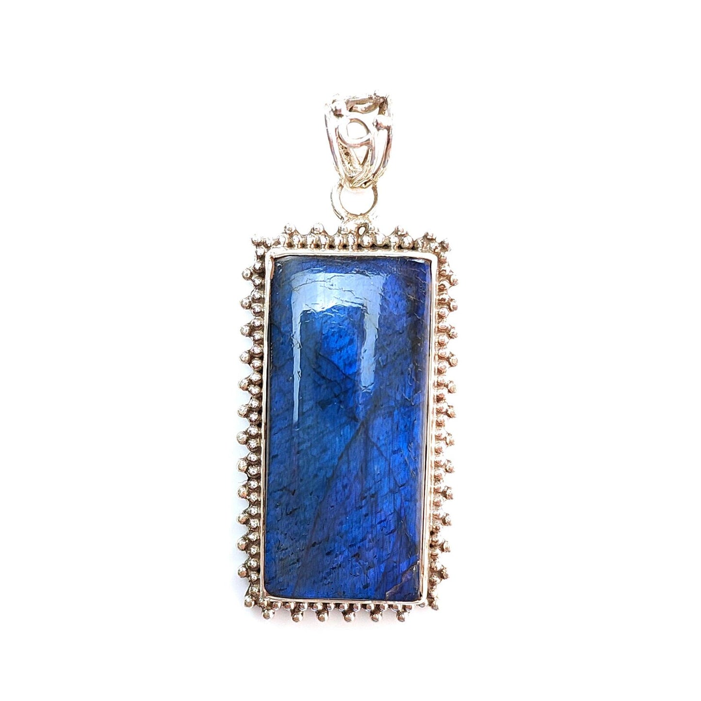 Blue Labradorite Plain Silver Pendant: 18.46gms Natural Untreated Labradorite Baguette Shape 925 Sterling Silver Bezel Set Pendant 2.30"