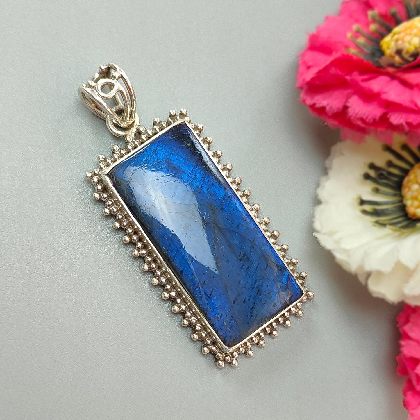 Blue Labradorite Plain Silver Pendant: 18.46gms Natural Untreated Labradorite Baguette Shape 925 Sterling Silver Bezel Set Pendant 2.30"