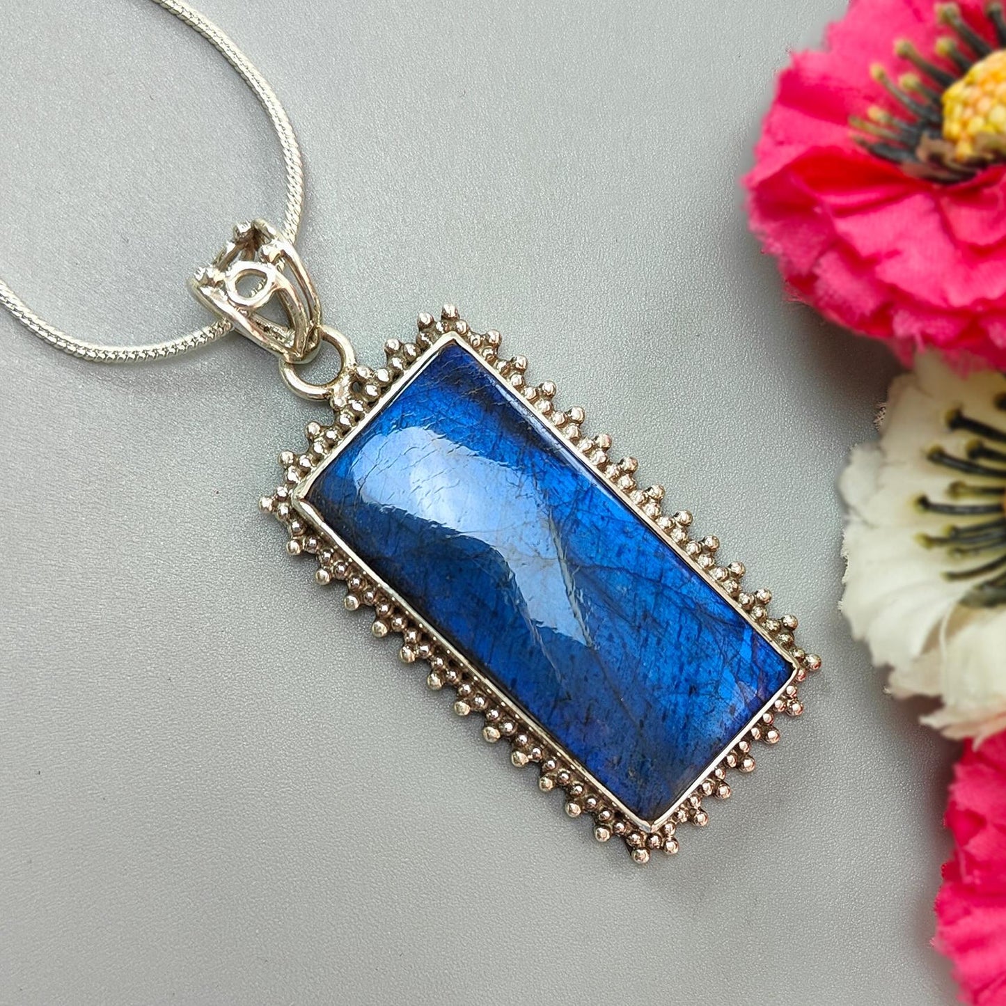 Blue Labradorite Plain Silver Pendant: 18.46gms Natural Untreated Labradorite Baguette Shape 925 Sterling Silver Bezel Set Pendant 2.30"