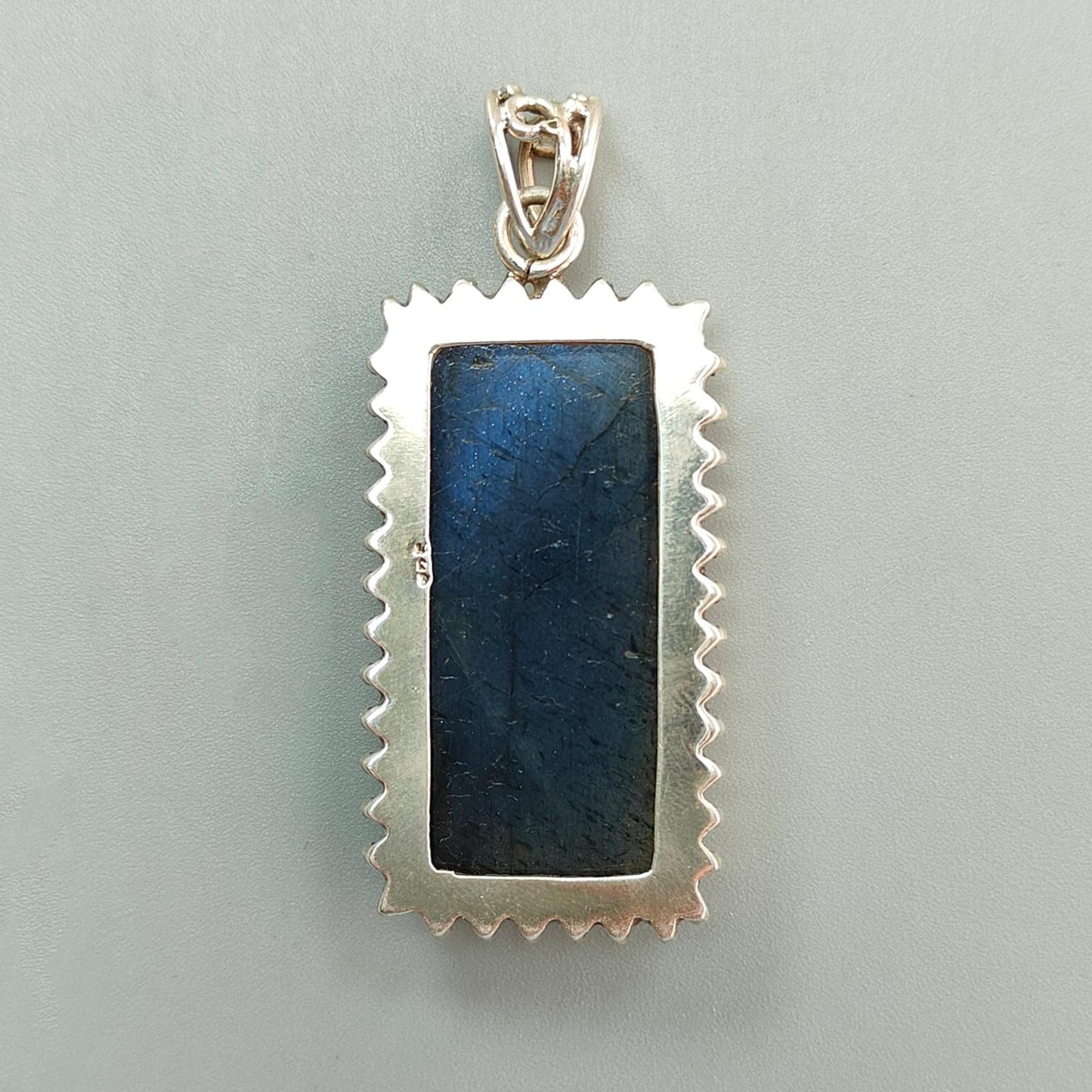 Blue Labradorite Plain Silver Pendant: 18.46gms Natural Untreated Labradorite Baguette Shape 925 Sterling Silver Bezel Set Pendant 2.30"