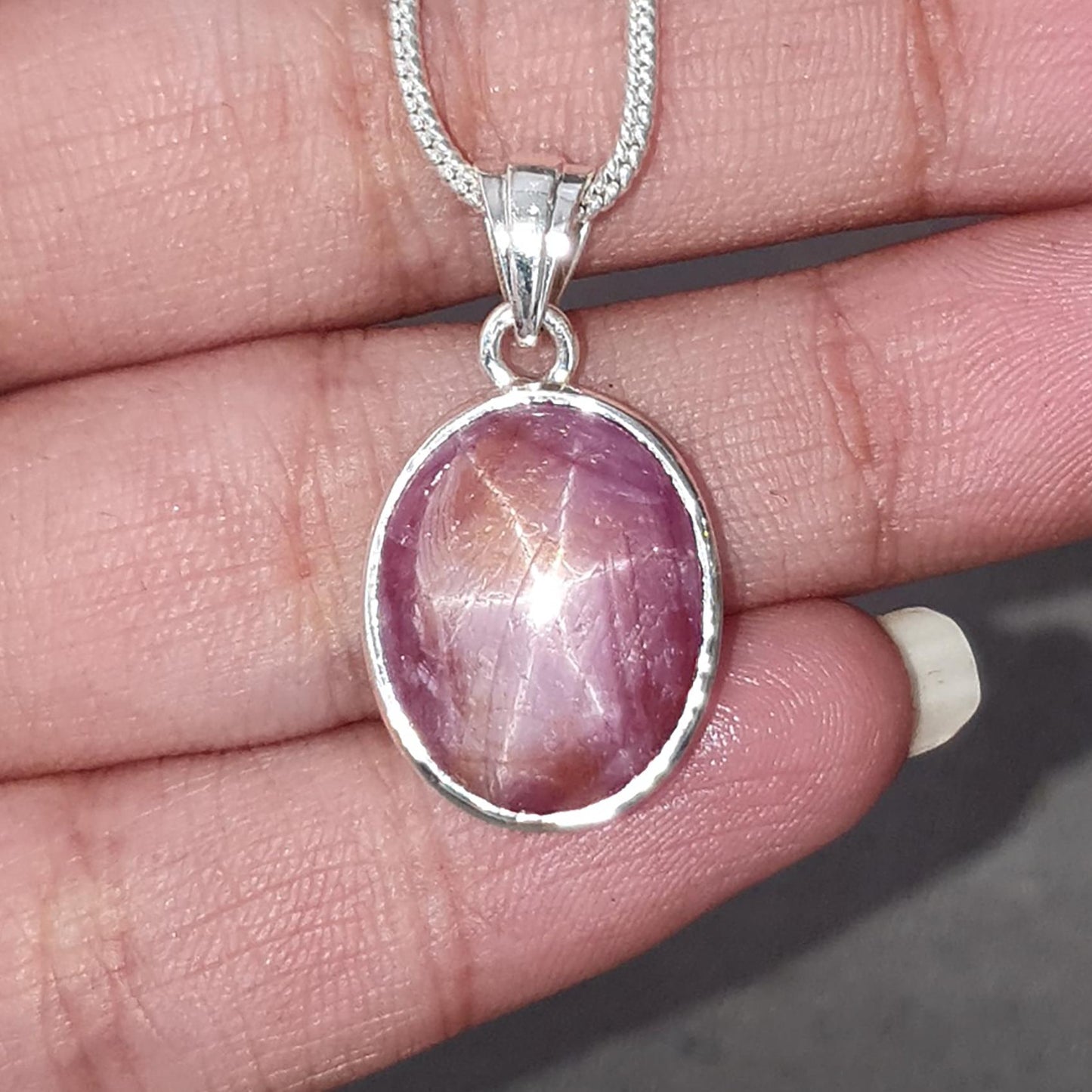 Star Ruby Silver Pendant: 4.14gms Natural Untreated Star Ruby Oval Shape Cabochon 925 Sterling Silver Bezel Set Pendant 1"