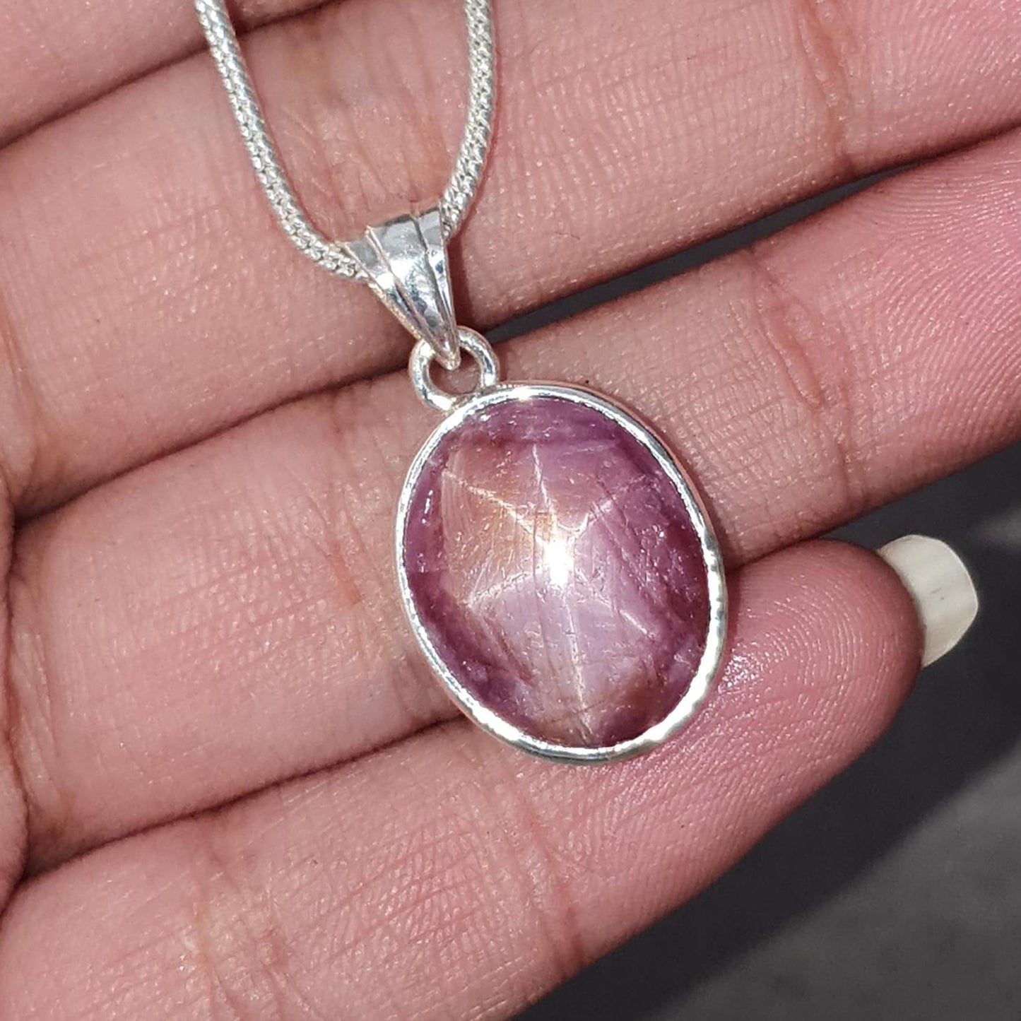 Star Ruby Silver Pendant: 4.14gms Natural Untreated Star Ruby Oval Shape Cabochon 925 Sterling Silver Bezel Set Pendant 1"