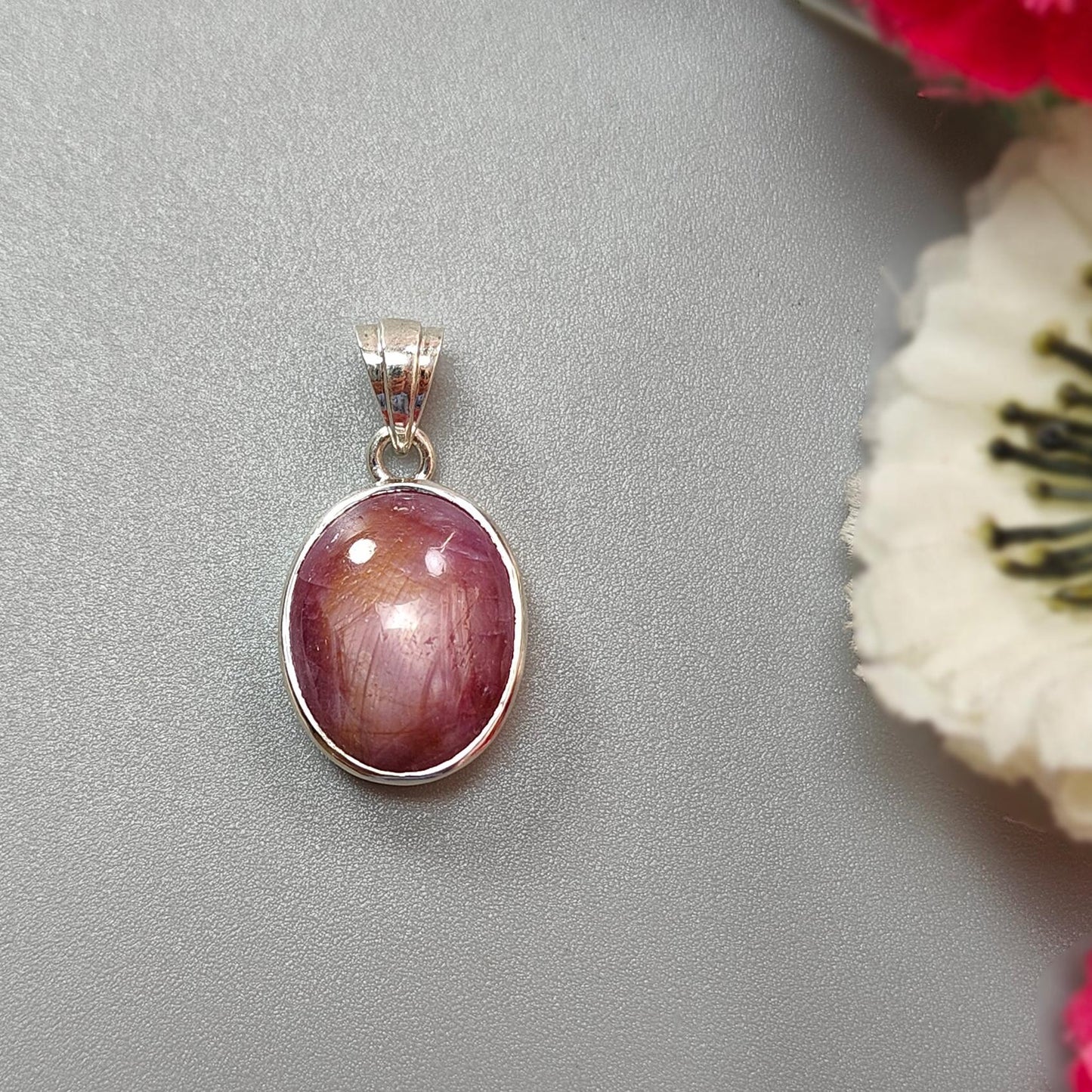 Star Ruby Silver Pendant: 4.14gms Natural Untreated Star Ruby Oval Shape Cabochon 925 Sterling Silver Bezel Set Pendant 1"
