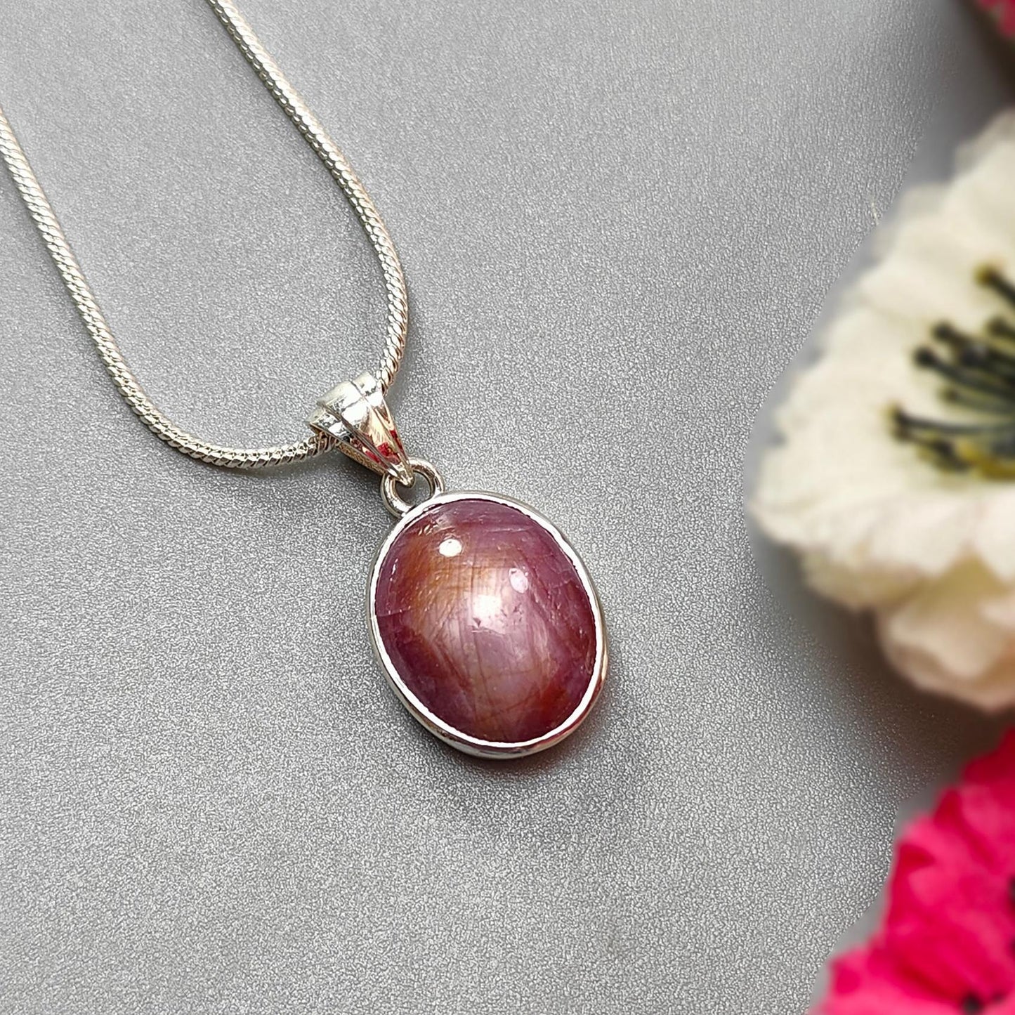 Star Ruby Silver Pendant: 4.14gms Natural Untreated Star Ruby Oval Shape Cabochon 925 Sterling Silver Bezel Set Pendant 1"